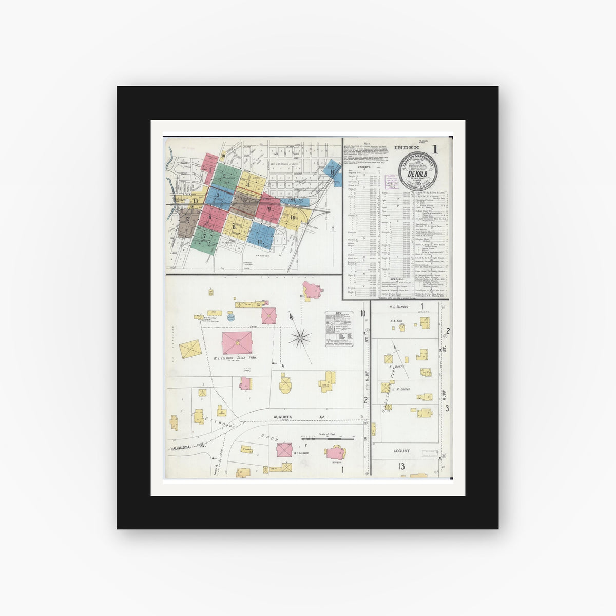 Old map wall art mockup — black gallery frame with white mat — Sanborn Fire Insurance Map from De Kalb, De Kalb County, Illinois (1905), Sheet #0001