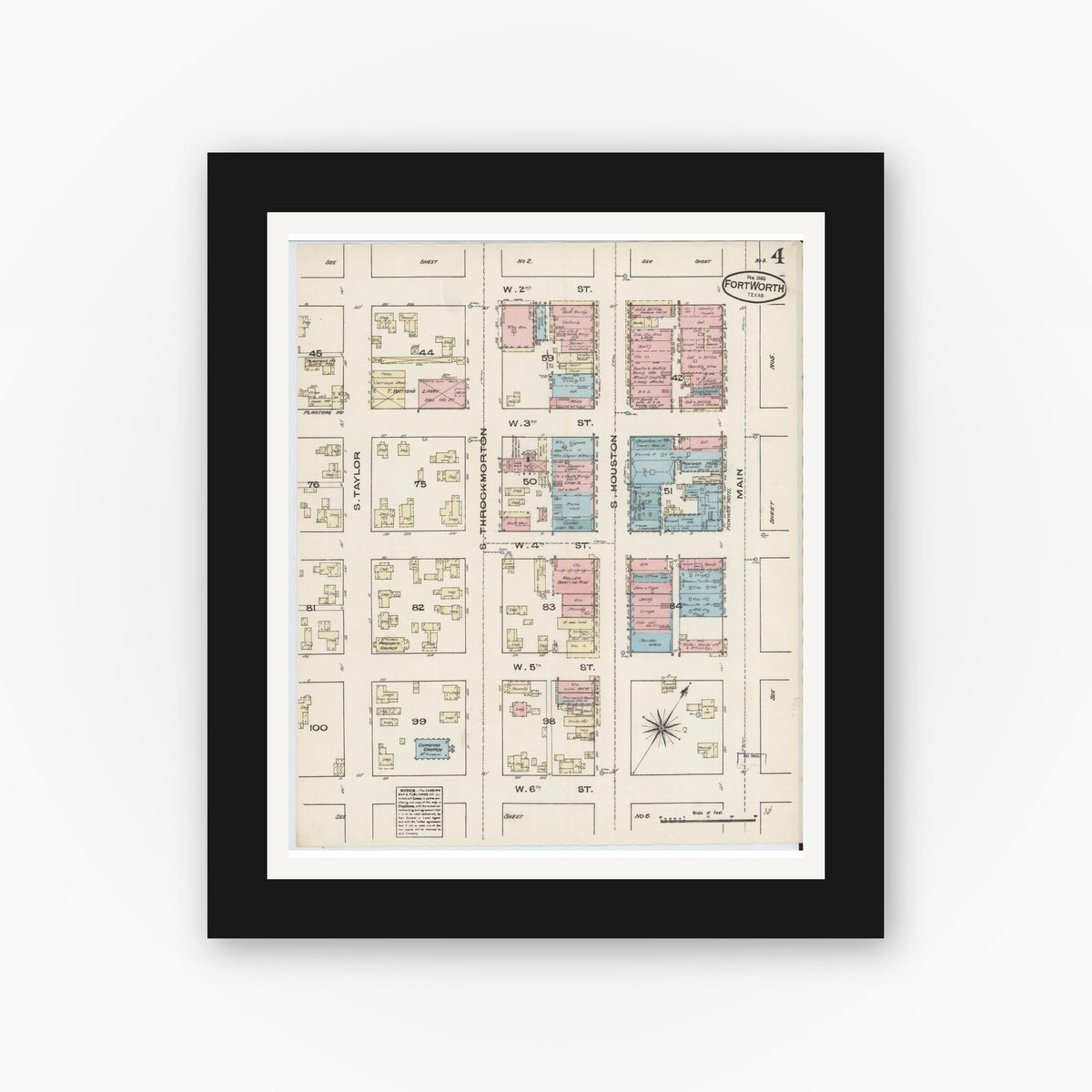 Old map wall art mockup — black gallery frame with white mat — Sanborn Fire Insurance Map from Fort Worth, Tarrant County, Texas (1885), Sheet #0004