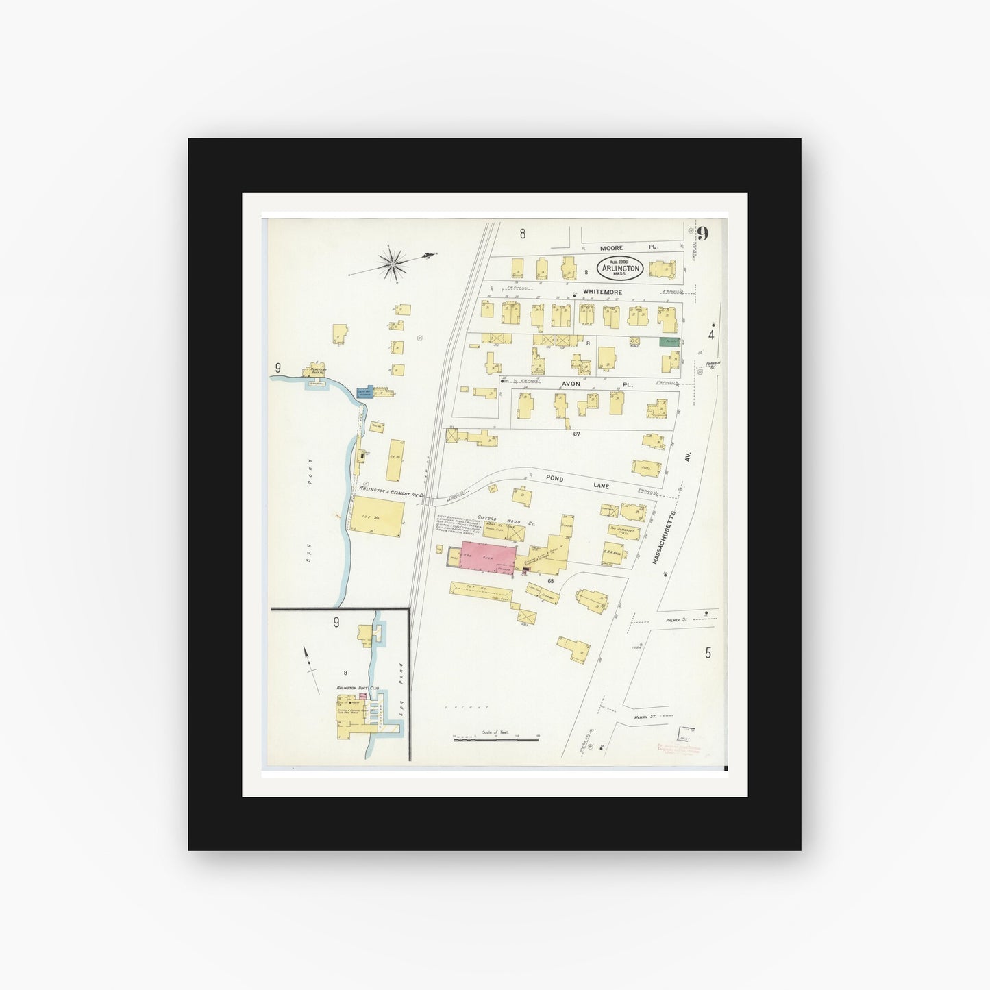 Old map wall art mockup — black gallery frame with white mat — Sanborn Fire Insurance Map from Arlington, Middlesex County, Massachusetts (1908), Sheet #0009