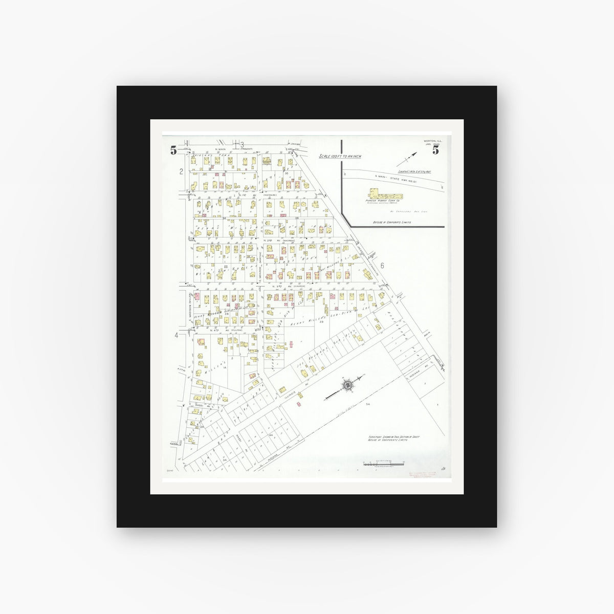 Old map wall art mockup — black gallery frame with white mat — Sanborn Fire Insurance Map from Morton, Tazewell County, Illinois (1940), Sheet #0005