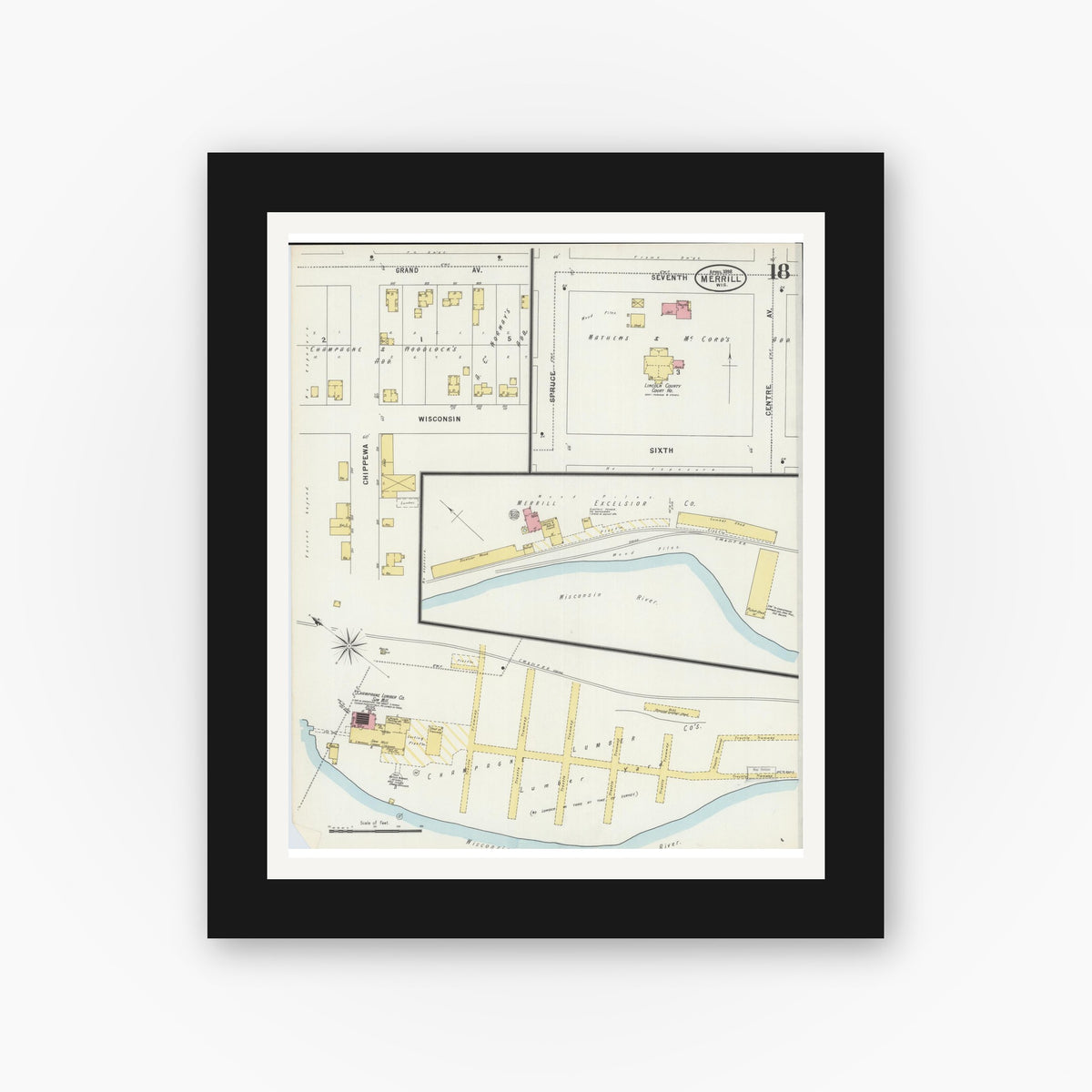 Old map wall art mockup — black gallery frame with white mat — Sanborn Fire Insurance Map from Merrill, Lincoln County, Wisconsin (1898), Sheet #0018