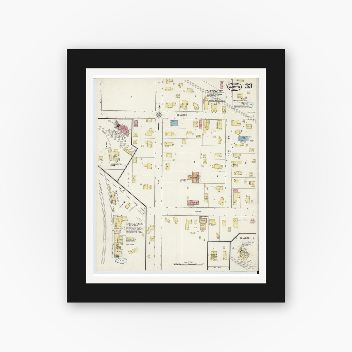 Old map wall art mockup — black gallery frame with white mat — Sanborn Fire Insurance Map from Warren, Trumbull County, Ohio (1915), Sheet #0033