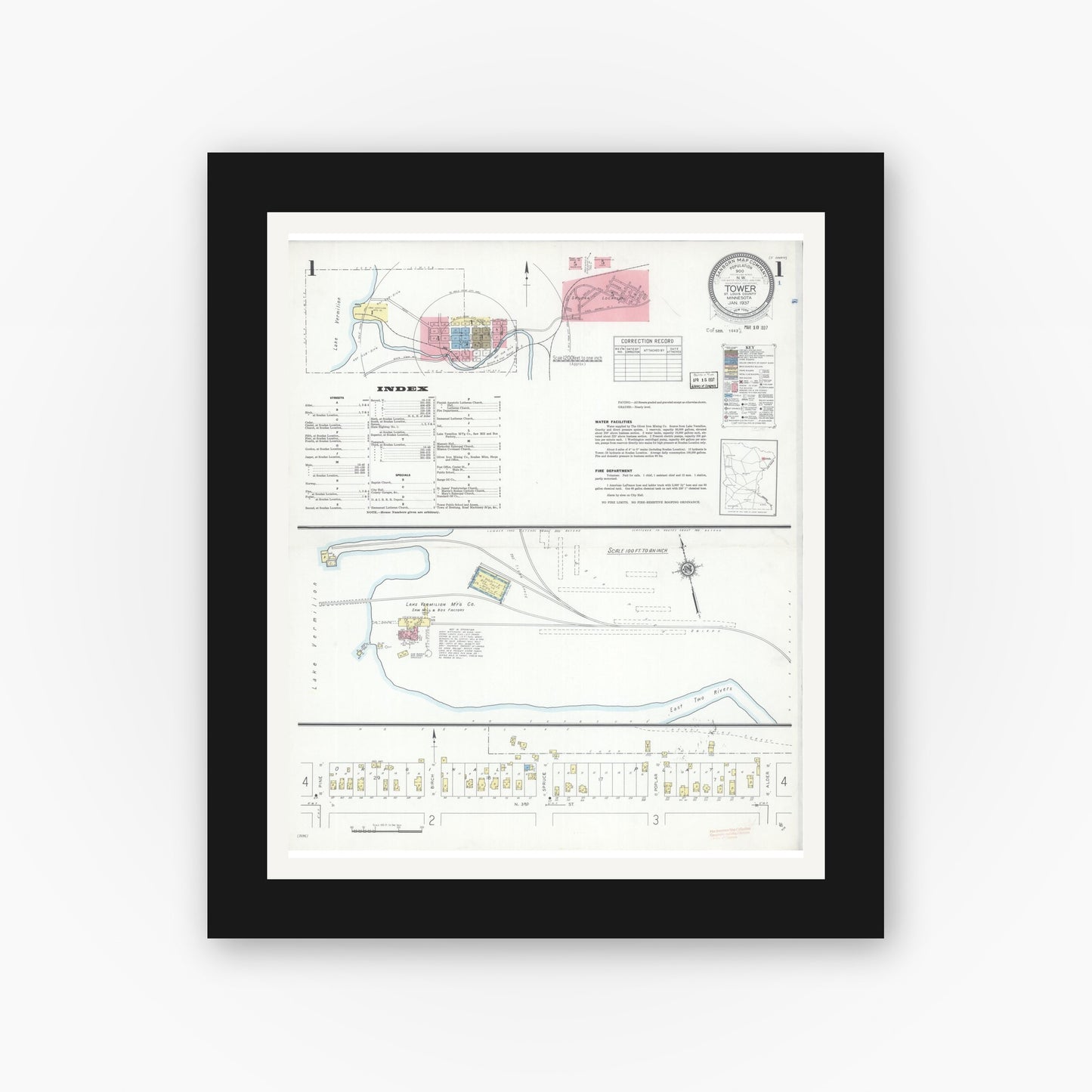 Old map wall art mockup — black gallery frame with white mat — Sanborn Fire Insurance Map from Tower, Saint Louis County, Minnesota (1937) - Complete Map Set