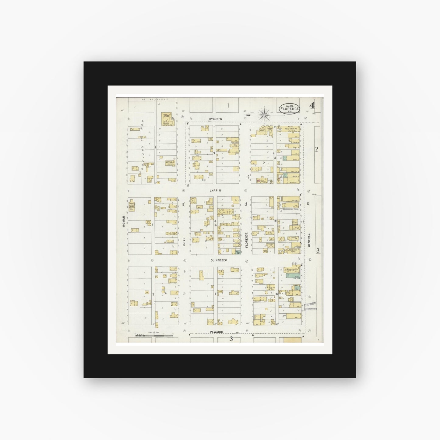 Old map wall art mockup — black gallery frame with white mat — Sanborn Fire Insurance Map from Florence, Florence County, Wisconsin (1898), Sheet #0004