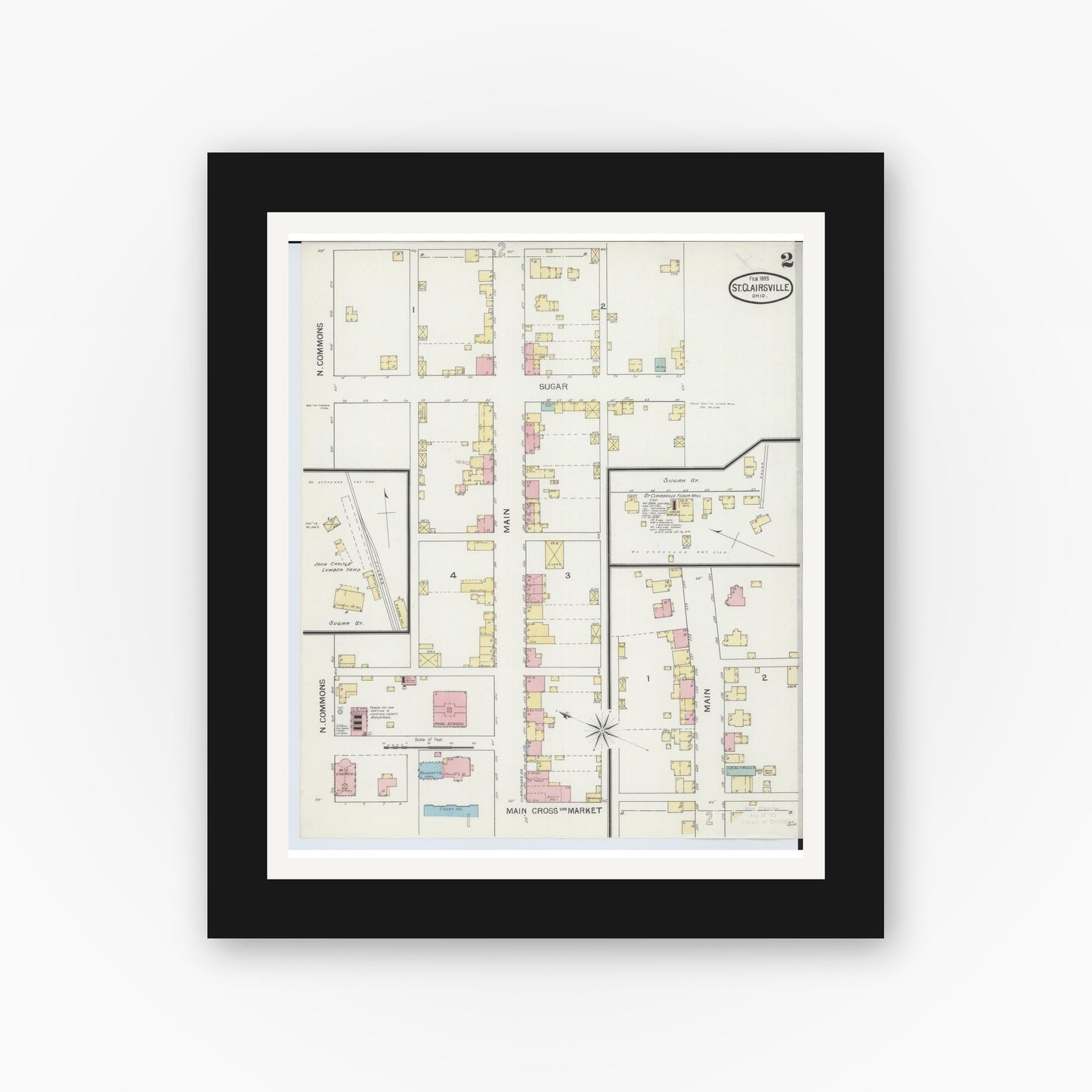 Old map wall art mockup — black gallery frame with white mat — Sanborn Fire Insurance Map from Saint Clairsville, Belmont County, Ohio (1893), Sheet #0002