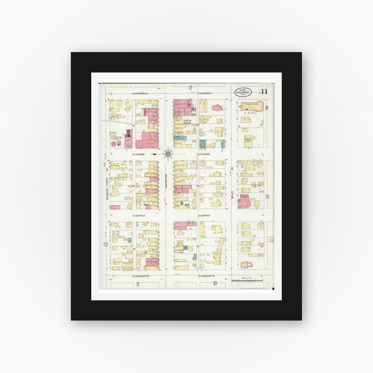Old map wall art mockup — black gallery frame with white mat — Sanborn Fire Insurance Map from Escanaba, Delta County, Michigan (1906), Sheet #0011