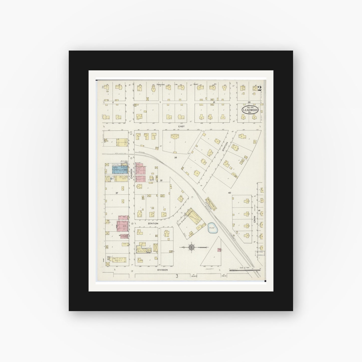 Old map wall art mockup — black gallery frame with white mat — Sanborn Fire Insurance Map from Leadwood, Saint Francois County, Missouri (1914), Sheet #0002