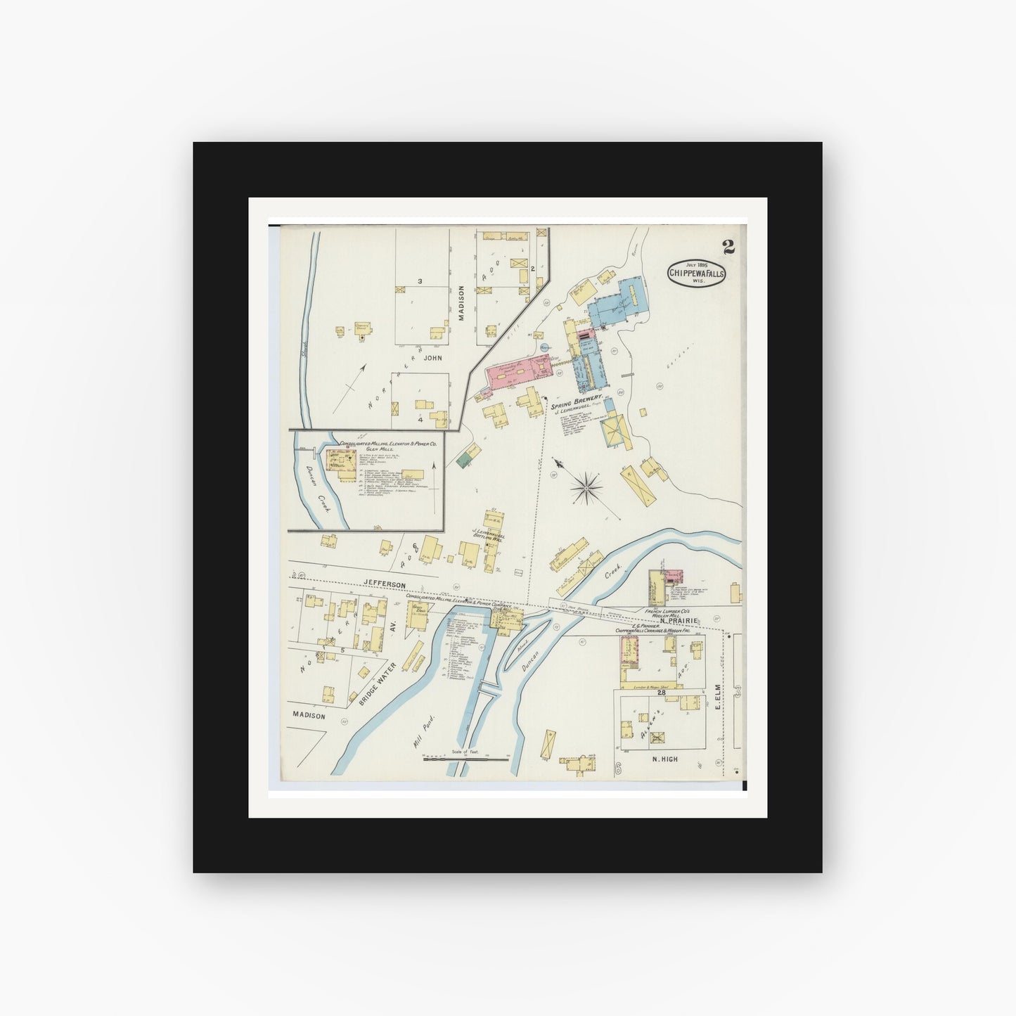 Old map wall art mockup — black gallery frame with white mat — Sanborn Fire Insurance Map from Chippewa Falls, Chippewa County, Wisconsin (1895), Sheet #0002
