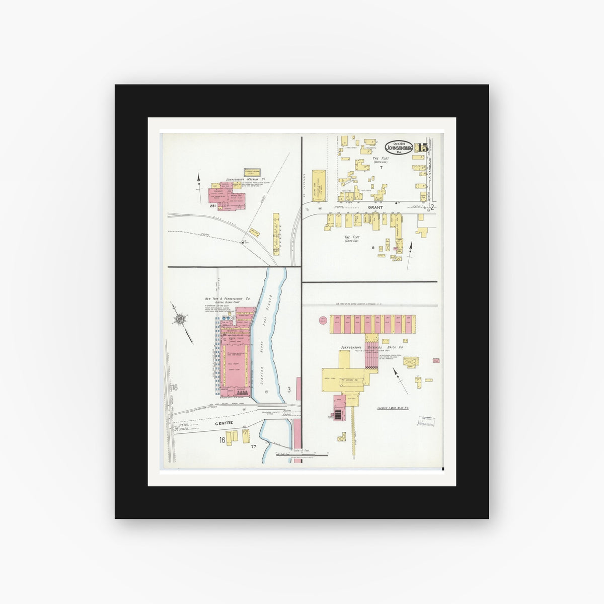 Old map wall art mockup — black gallery frame with white mat — Sanborn Fire Insurance Map from Johnsonburg, Elk County, Pennsylvania (1919), Sheet #0015