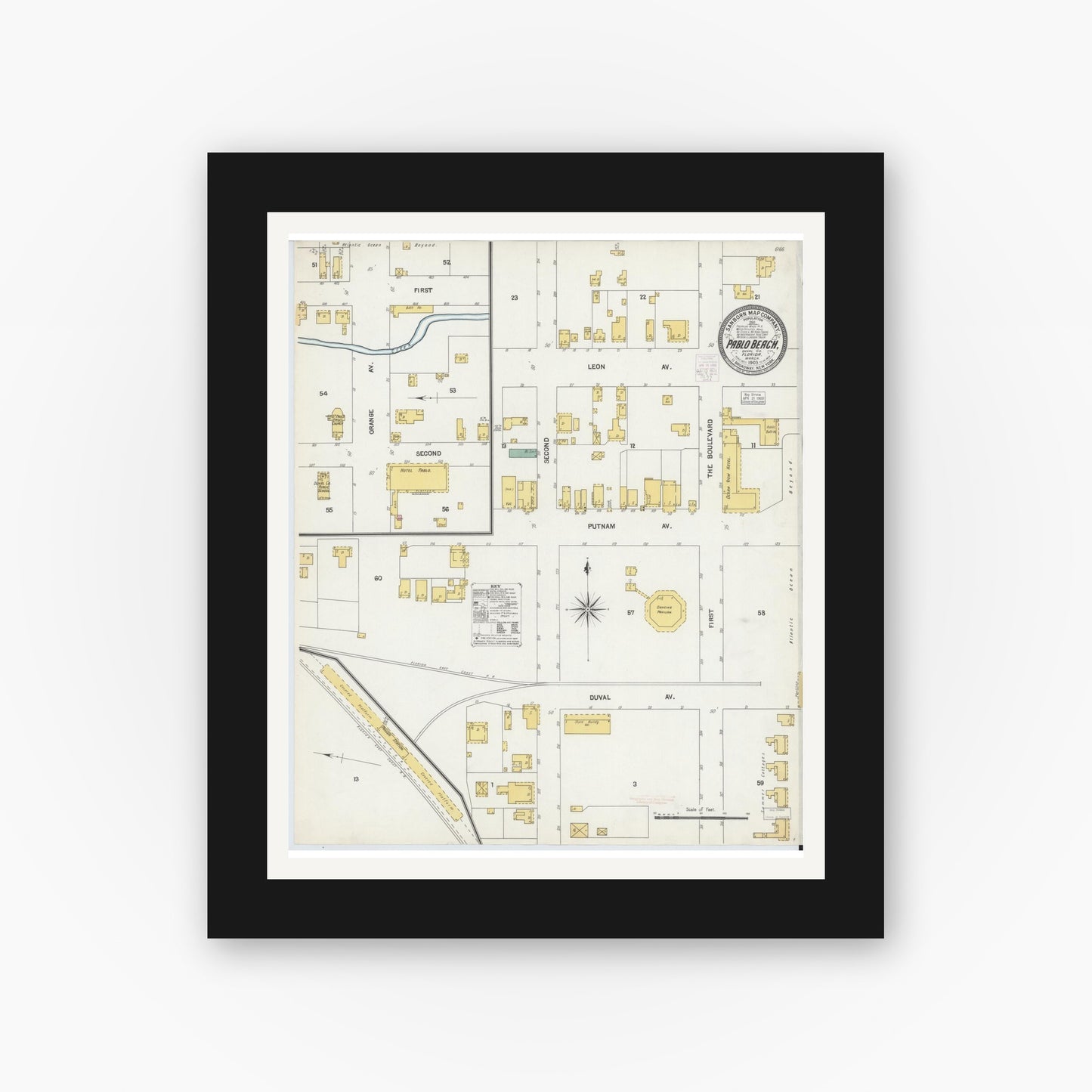 Old map wall art mockup — black gallery frame with white mat — Sanborn Fire Insurance Map from Pablo Beach, Duval County, Florida (1903), Sheet #0001