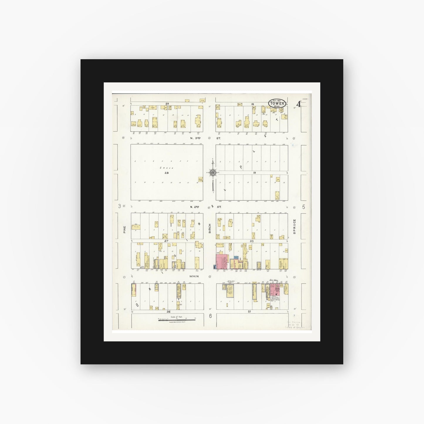 Old map wall art mockup — black gallery frame with white mat — Sanborn Fire Insurance Map from Tower, Saint Louis County, Minnesota (1921), Sheet #0004