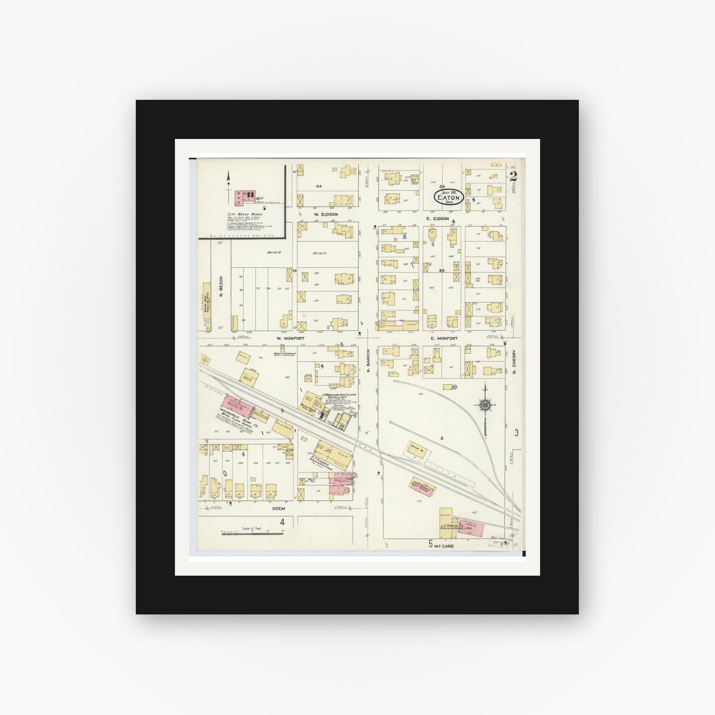 Old map wall art mockup — black gallery frame with white mat — Sanborn Fire Insurance Map from Eaton, Preble County, Ohio (1911), Sheet #0002