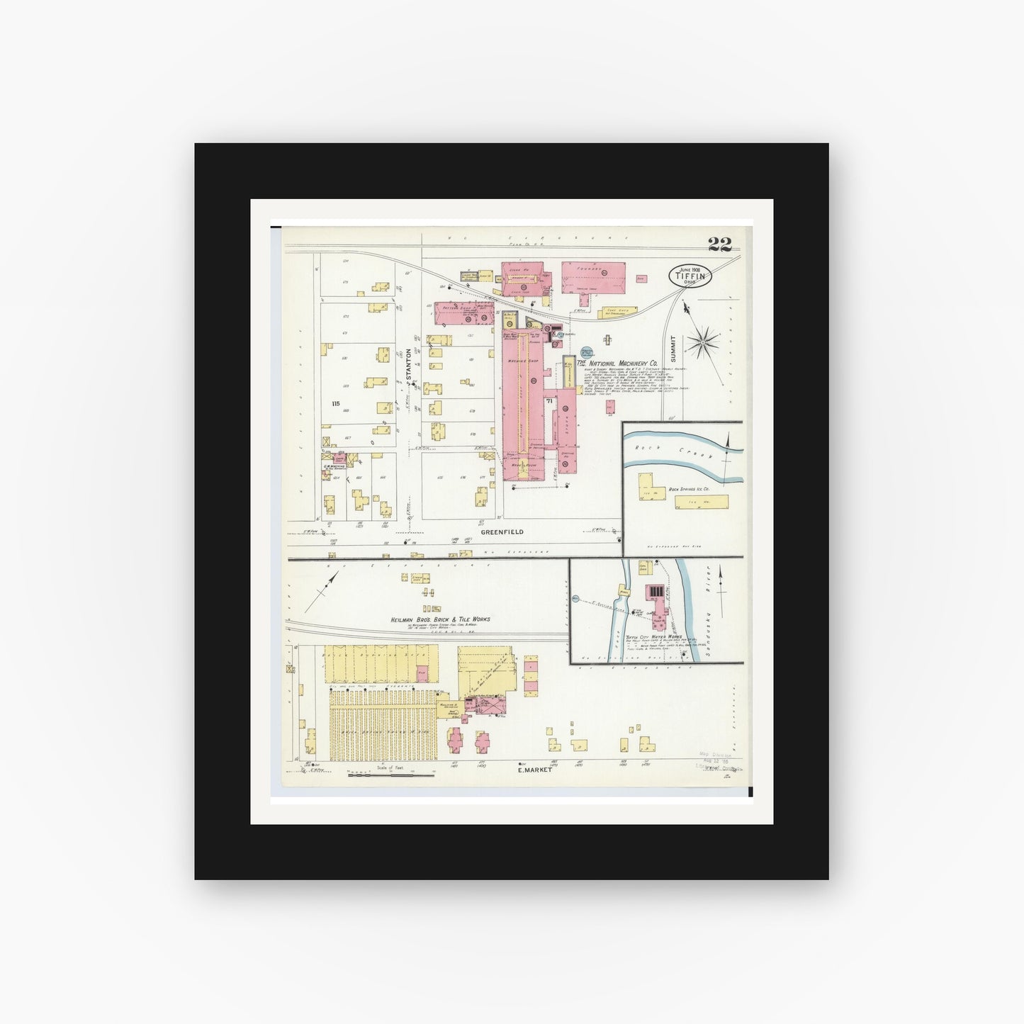 Old map wall art mockup — black gallery frame with white mat — Sanborn Fire Insurance Map from Tiffin, Seneca County, Ohio (1908), Sheet #0022