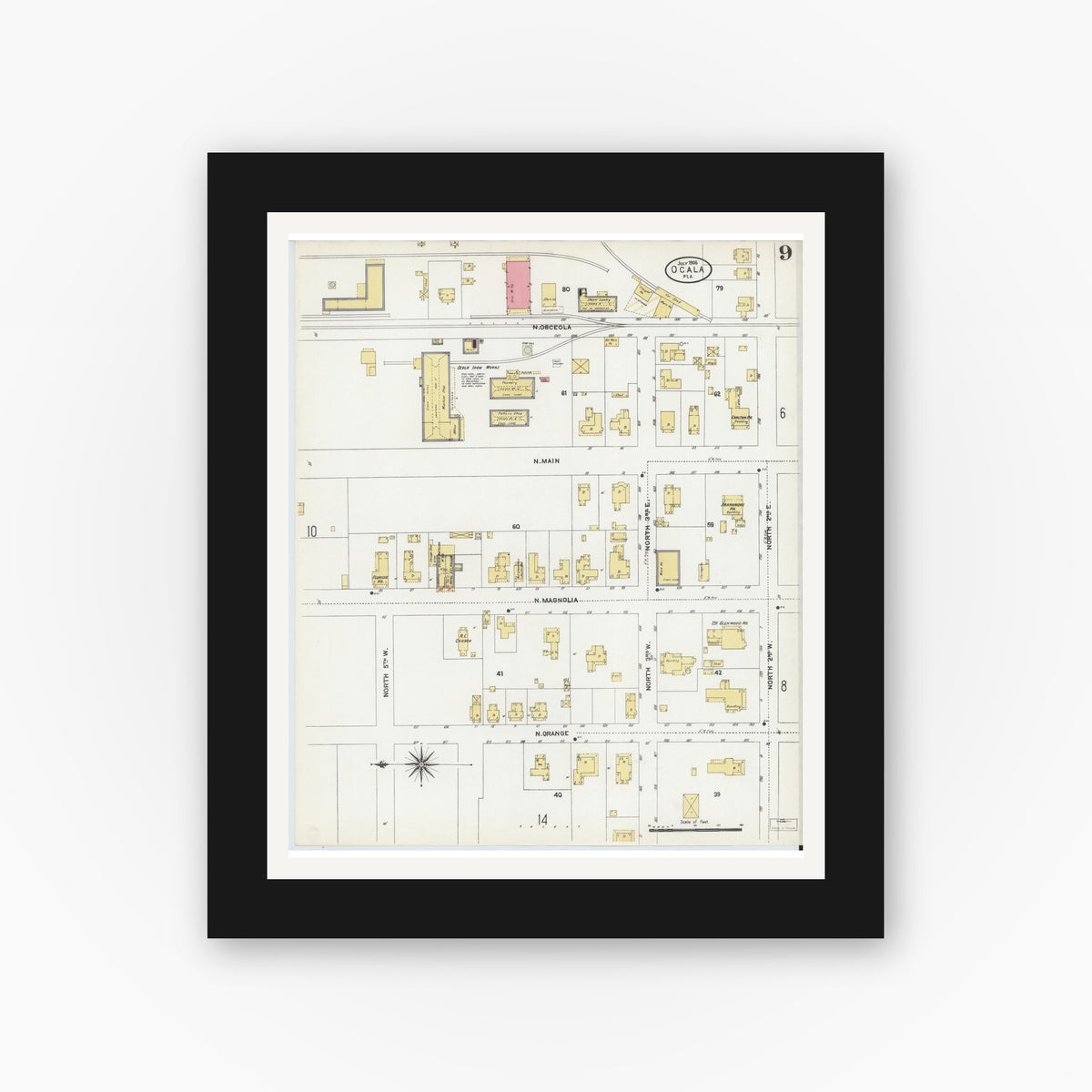 Old map wall art mockup — black gallery frame with white mat — Sanborn Fire Insurance Map from Ocala, Marion County, Florida (1906), Sheet #0009