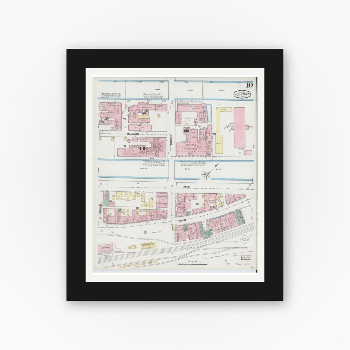 Old map wall art mockup — black gallery frame with white mat — Sanborn Fire Insurance Map from Holyoke, Hampden County, Massachusetts (1889), Sheet #0010