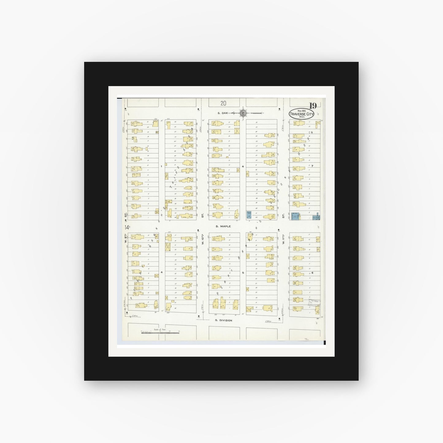 Old map wall art mockup — black gallery frame with white mat — Sanborn Fire Insurance Map from Traverse City, Grand Traverse County, Michigan (1910), Sheet #0019
