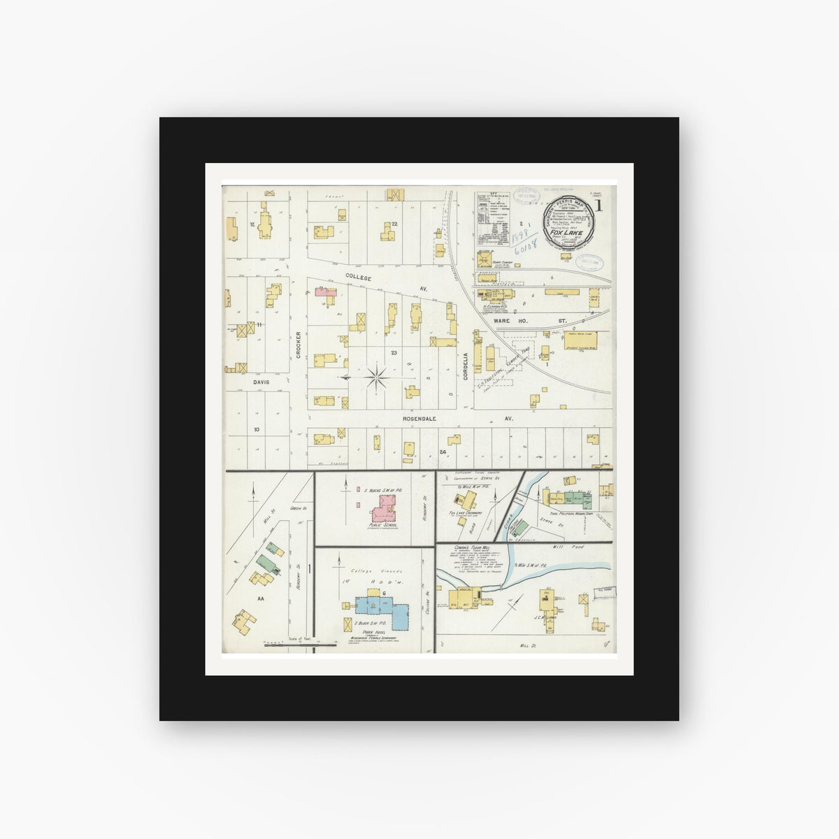 Old map wall art mockup — black gallery frame with white mat — Sanborn Fire Insurance Map from Fox Lake, Dodge County, Wisconsin (1898) - Complete Map Set