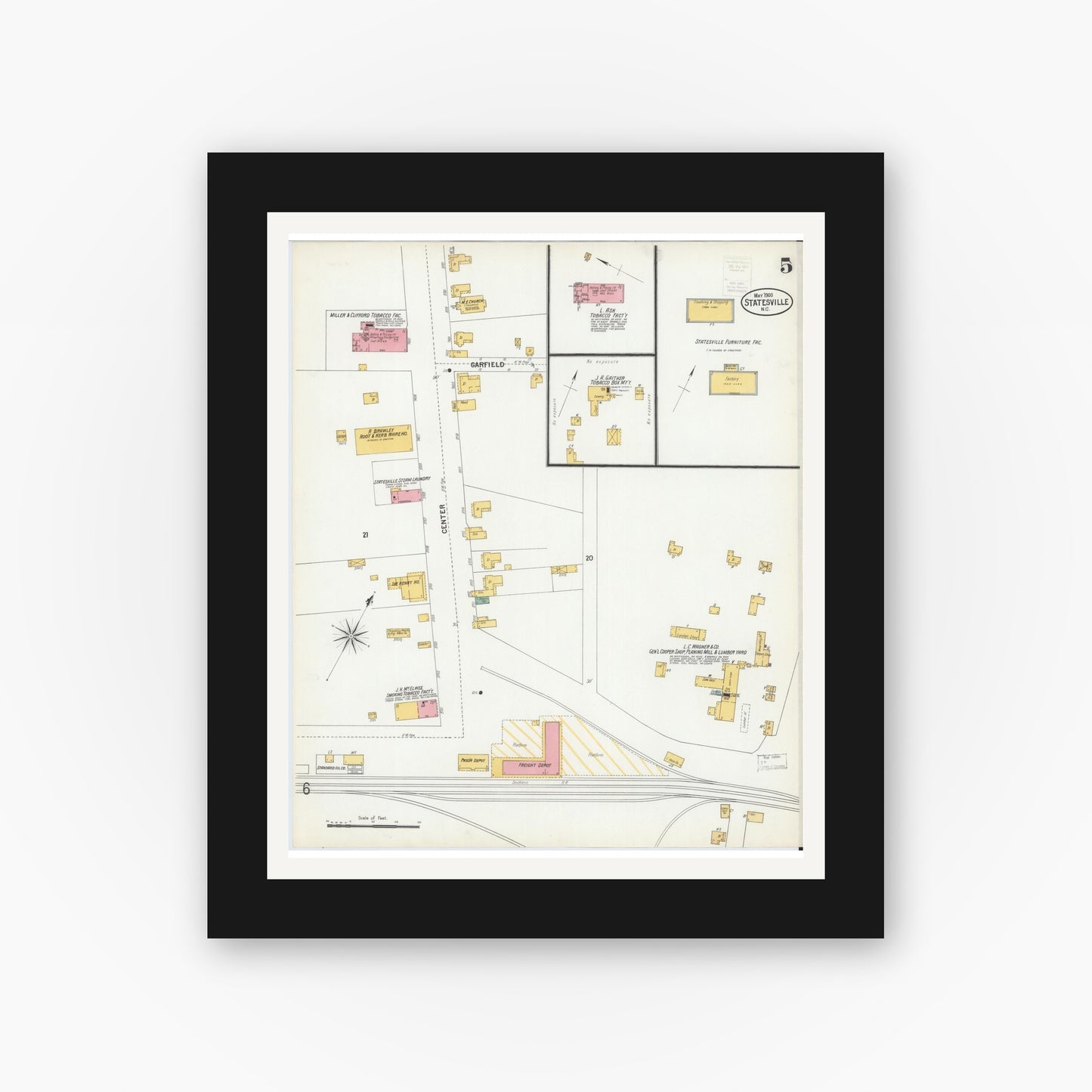 Old map wall art mockup — black gallery frame with white mat — Sanborn Fire Insurance Map from Statesville, Iredell County, North Carolina (1900), Sheet #0005