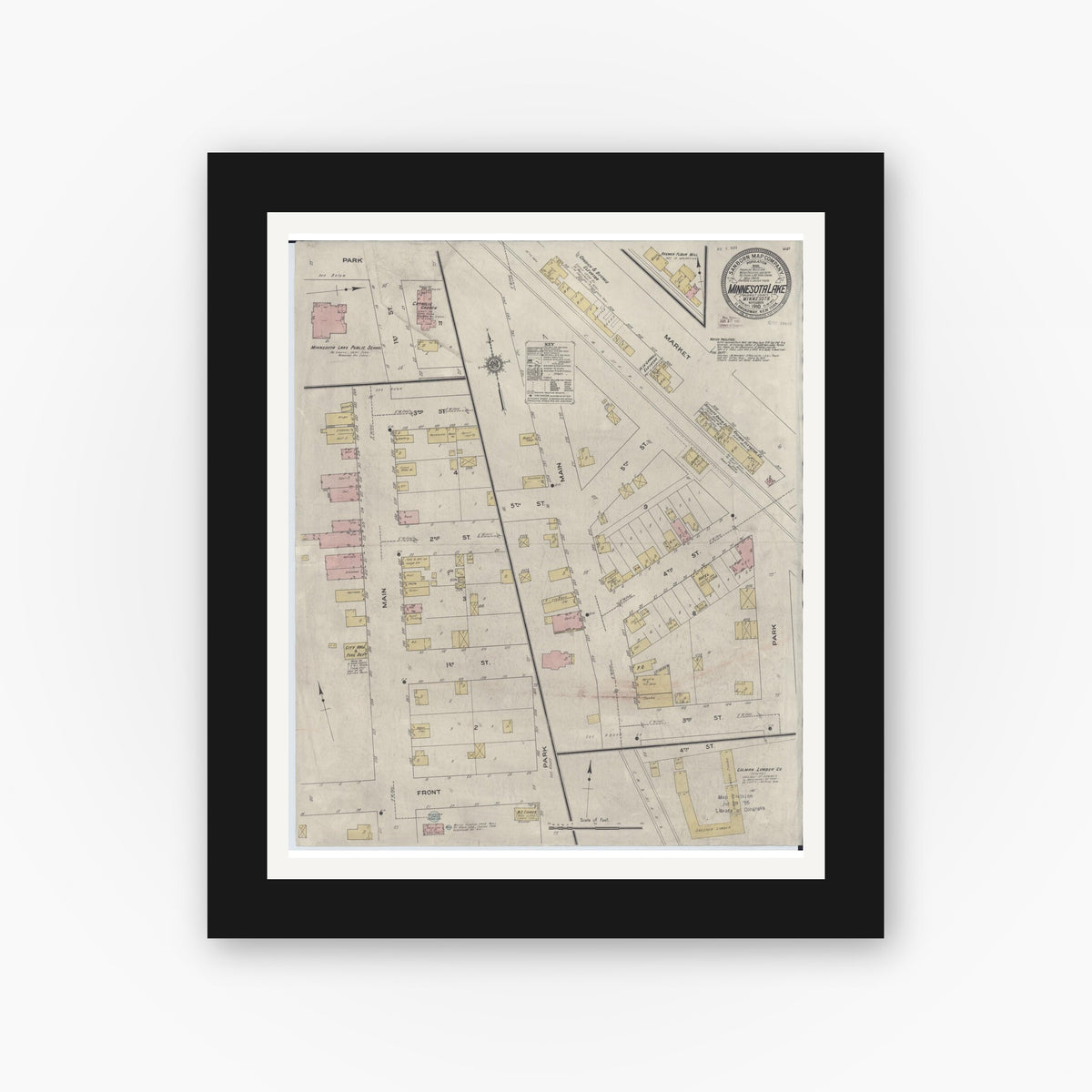 Old map wall art mockup — black gallery frame with white mat — Sanborn Fire Insurance Map from Minnesota Lake, Faribault County, Minnesota (1910), Sheet #0001