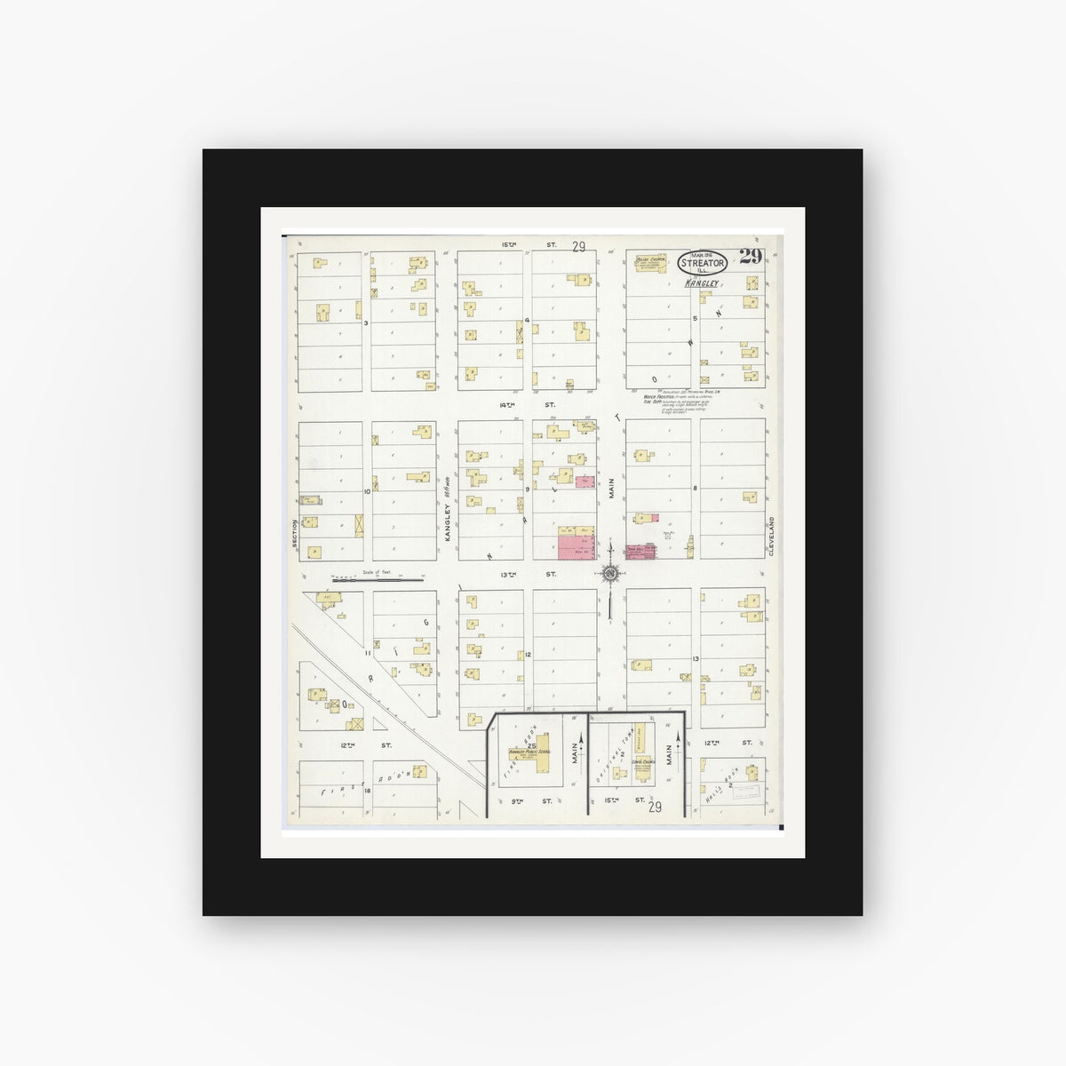Old map wall art mockup — black gallery frame with white mat — Sanborn Fire Insurance Map from Streator, La Salle County, Illinois (1916), Sheet #0029