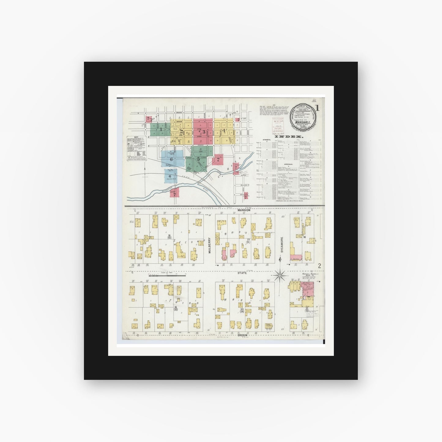 Old map wall art mockup — black gallery frame with white mat — Sanborn Fire Insurance Map from Marshall, Calhoun County, Michigan (1899) - Complete Map Set