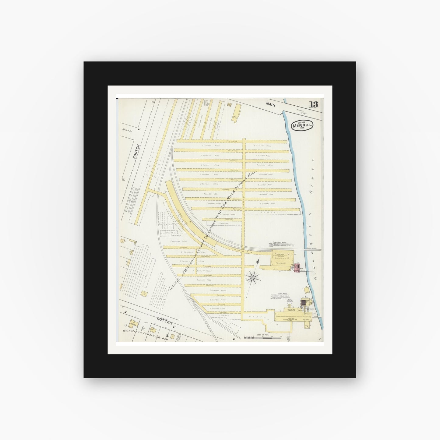 Old map wall art mockup — black gallery frame with white mat — Sanborn Fire Insurance Map from Merrill, Lincoln County, Wisconsin (1892), Sheet #0013