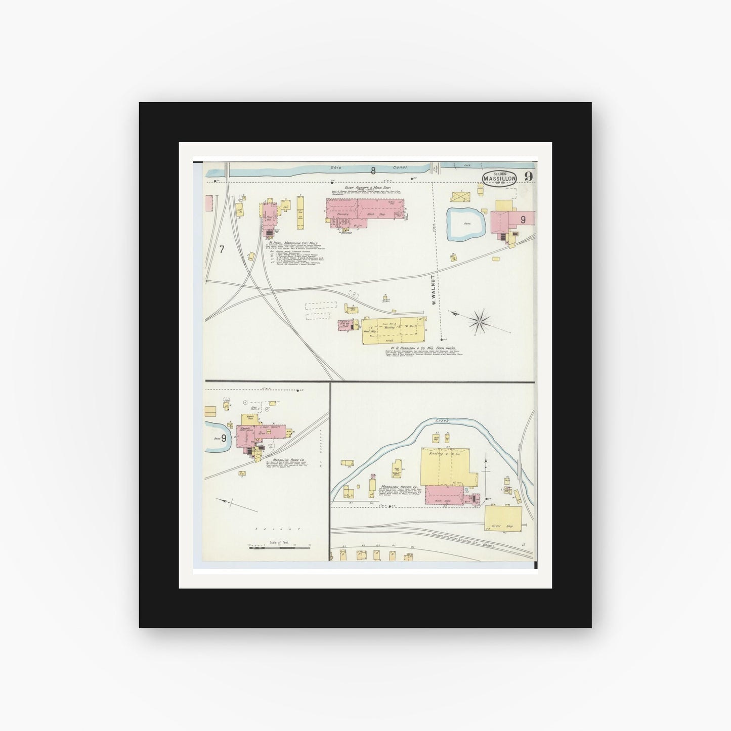 Old map wall art mockup — black gallery frame with white mat — Sanborn Fire Insurance Map from Massillon, Stark County, Ohio (1896), Sheet #0009