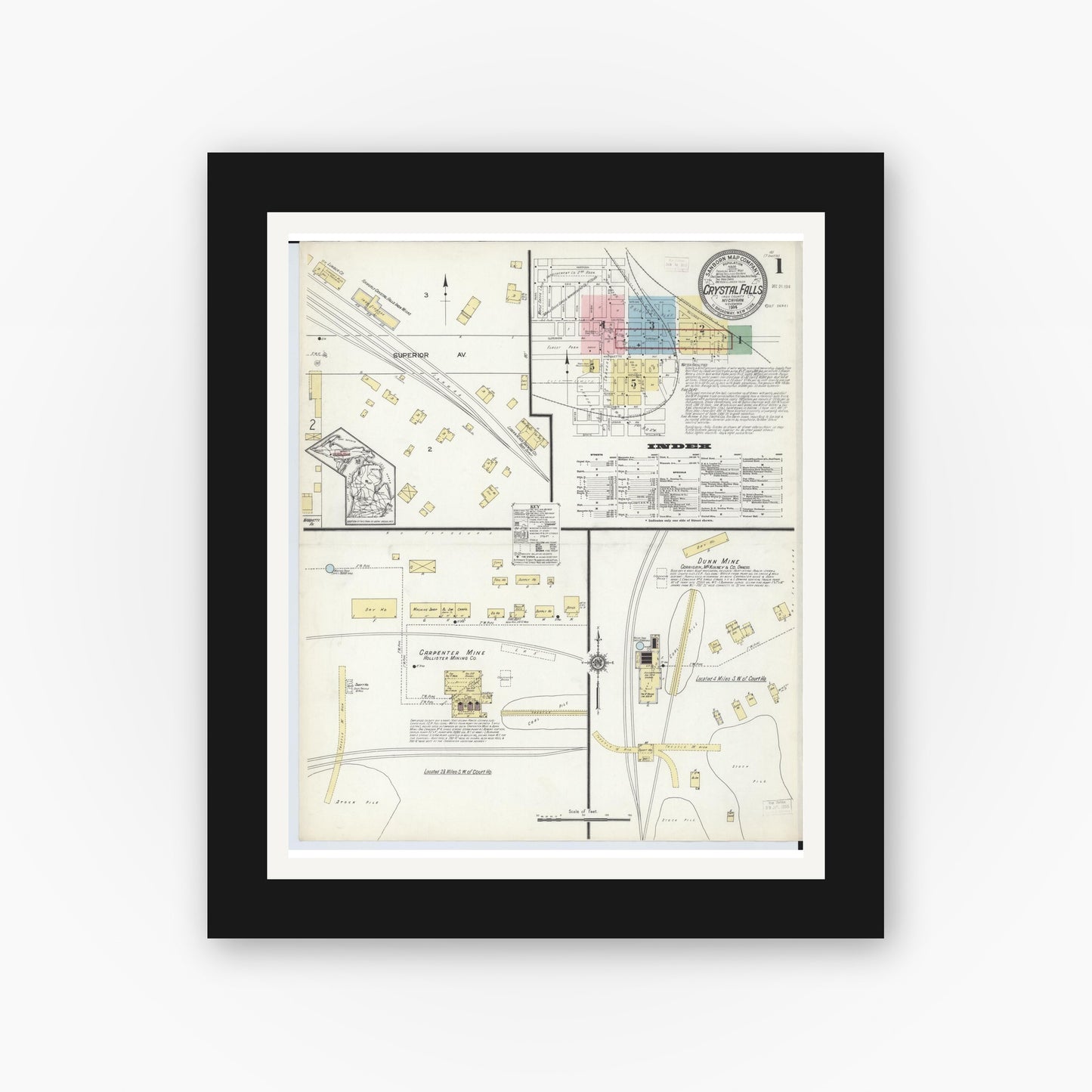 Old map wall art mockup — black gallery frame with white mat — Sanborn Fire Insurance Map from Crystal Falls, Iron County, Michigan (1914), Sheet #0001
