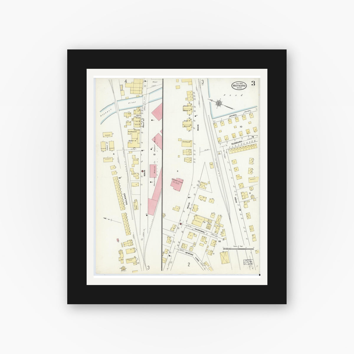 Old map wall art mockup — black gallery frame with white mat — Sanborn Fire Insurance Map from Maynard, Middlesex County, Massachusetts (1910), Sheet #0003