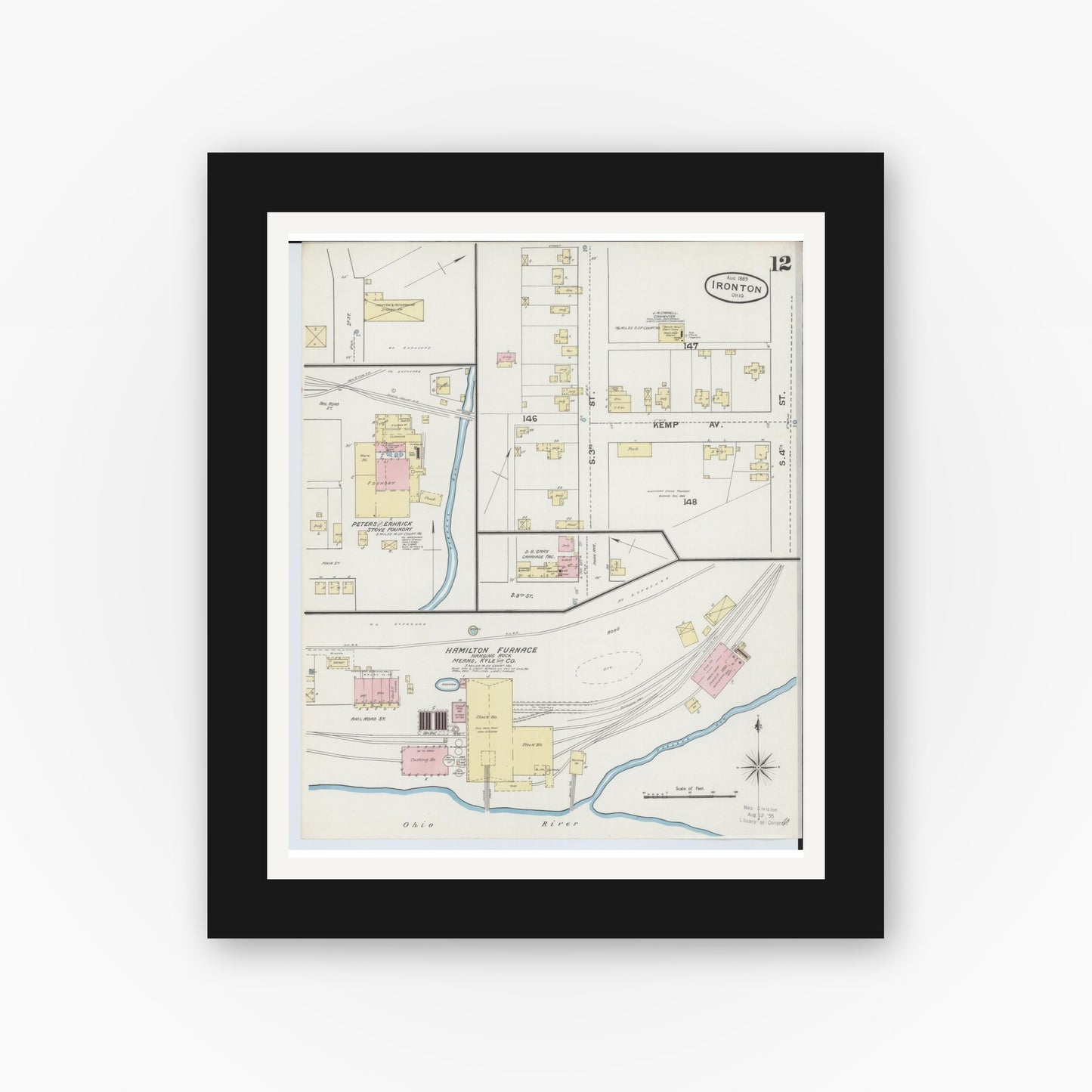 Old map wall art mockup — black gallery frame with white mat — Sanborn Fire Insurance Map from Ironton, Lawrence County, Ohio (1889), Sheet #0012