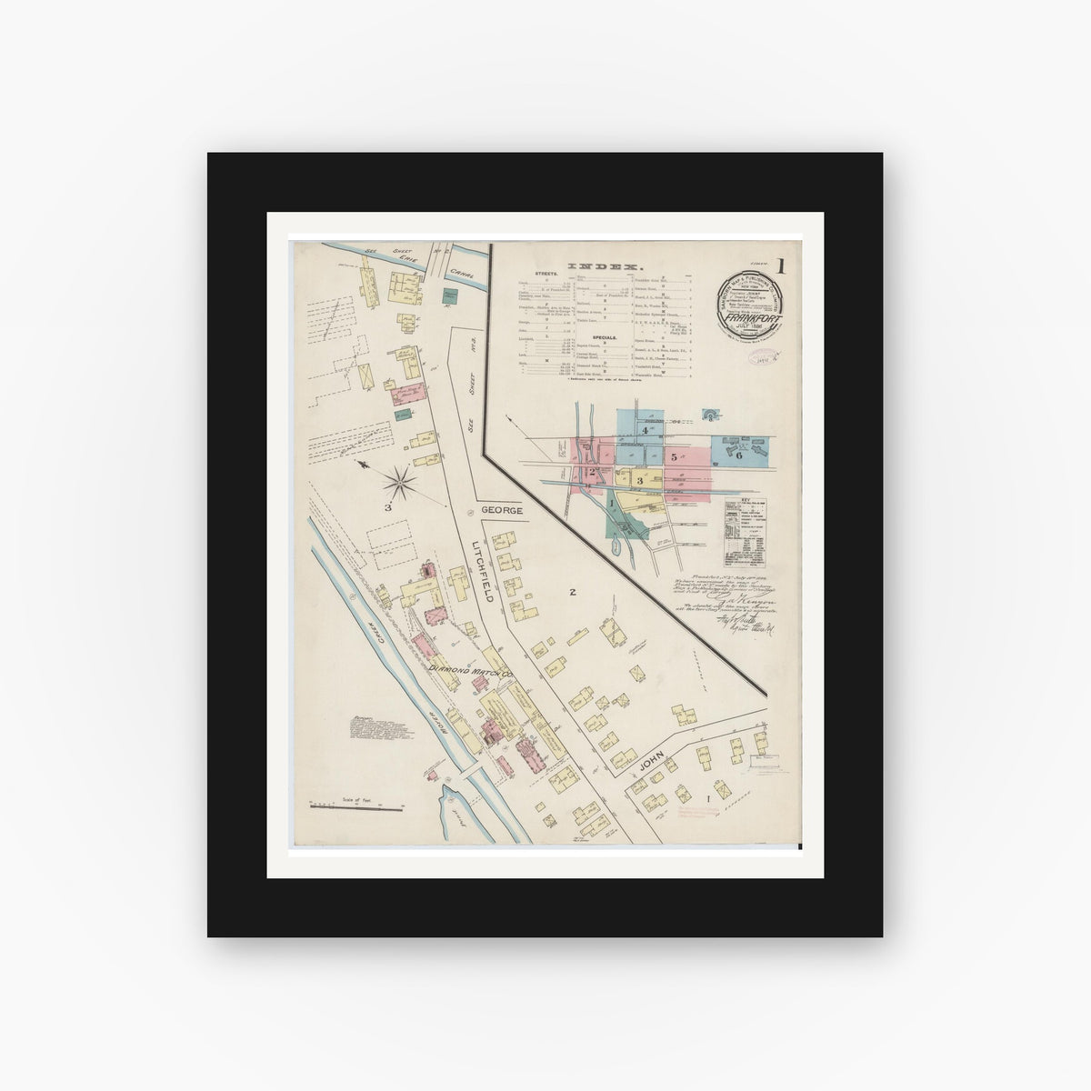 Old map wall art mockup — black gallery frame with white mat — Sanborn Fire Insurance Map from Frankfort, Herkimer County, New York (1886), Sheet #0001