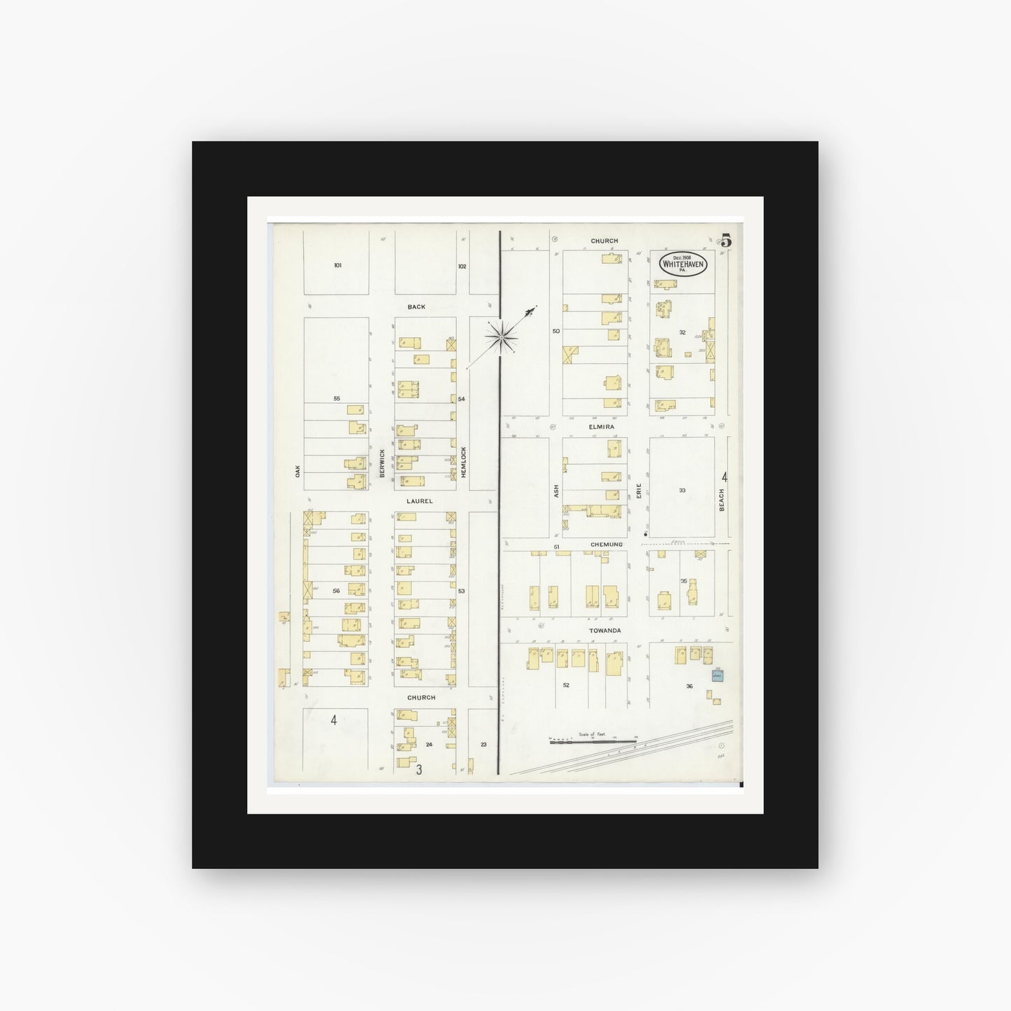 Old map wall art mockup — black gallery frame with white mat — Sanborn Fire Insurance Map from White Haven, Luzerne County, Pennsylvania (1908), Sheet #0005