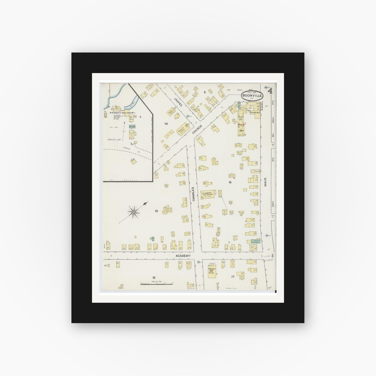 Old map wall art mockup — black gallery frame with white mat — Sanborn Fire Insurance Map from Boonville, Oneida County, New York (1890), Sheet #0004