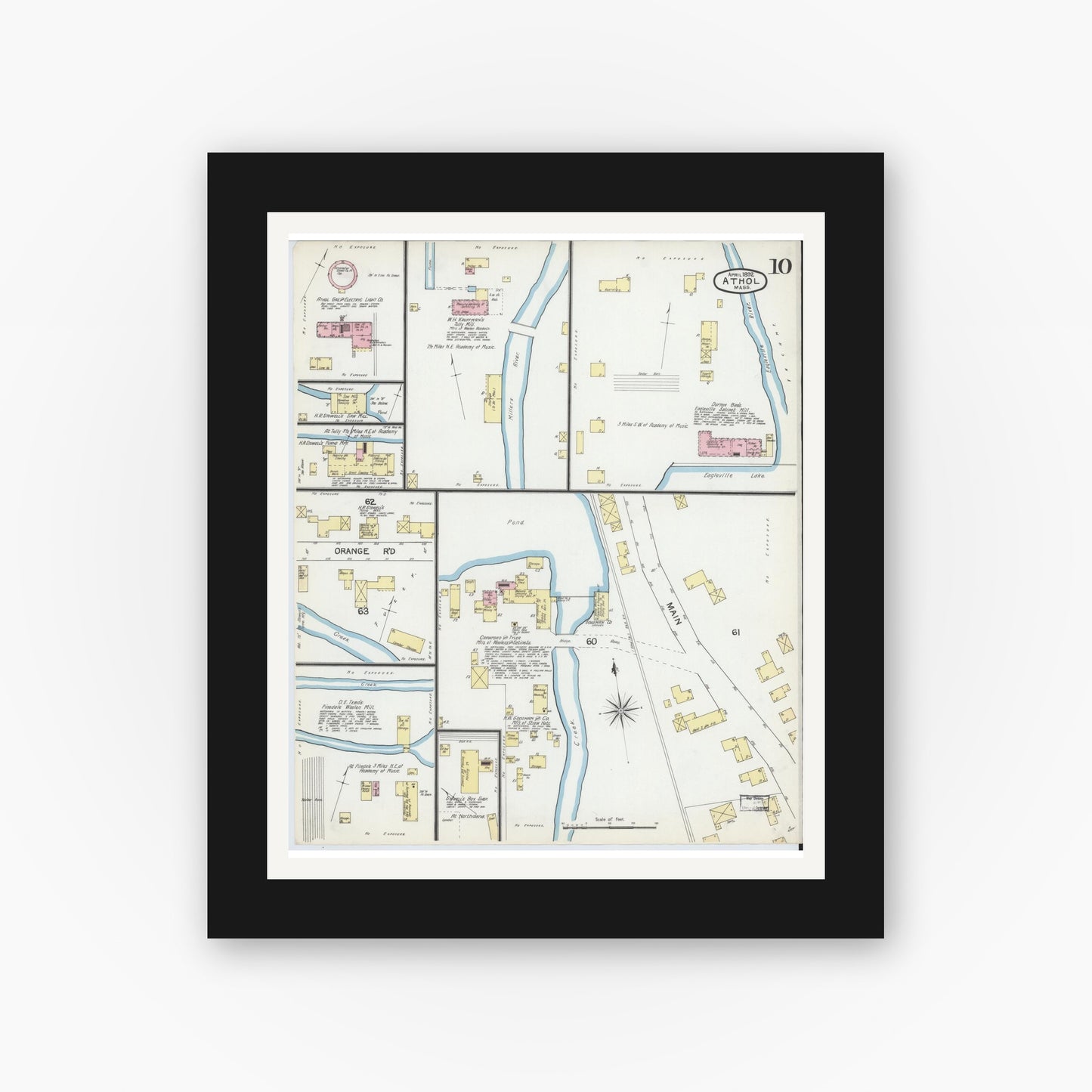 Old map wall art mockup — black gallery frame with white mat — Sanborn Fire Insurance Map from Athol, Worcester County, Massachusetts (1892), Sheet #0010