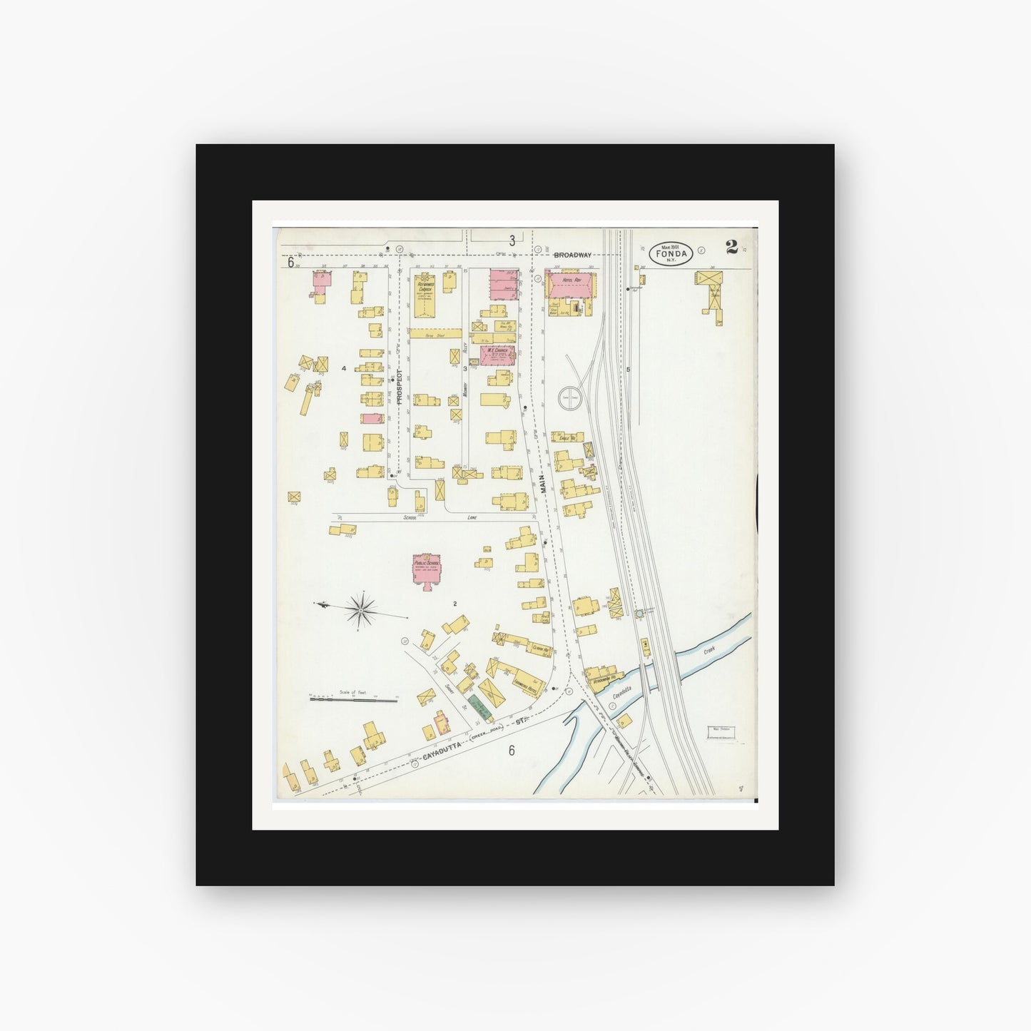 Old map wall art mockup — black gallery frame with white mat — Sanborn Fire Insurance Map from Fonda, Montgomery County, New York (1901), Sheet #0002