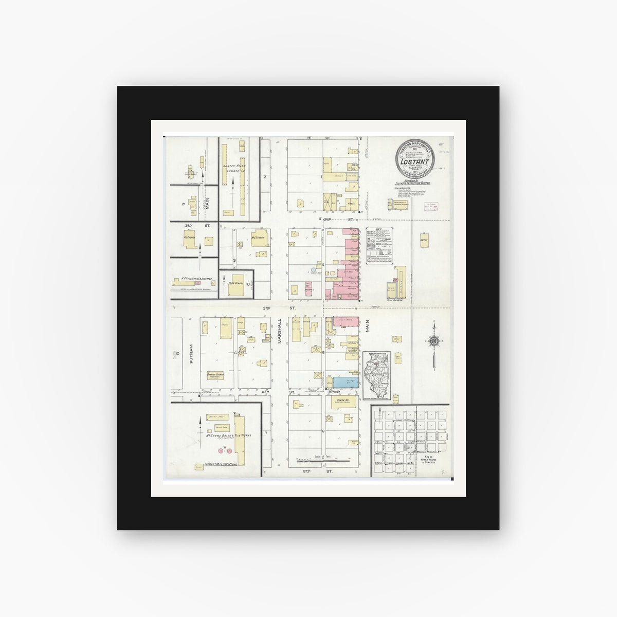 Old map wall art mockup — black gallery frame with white mat — Sanborn Fire Insurance Map from Lostant, La Salle County, Illinois (1914), Sheet #0001