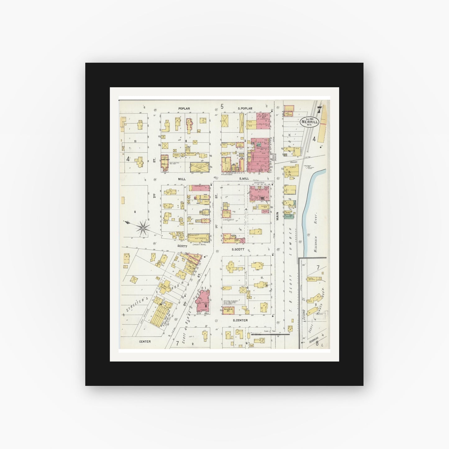 Old map wall art mockup — black gallery frame with white mat — Sanborn Fire Insurance Map from Merrill, Lincoln County, Wisconsin (1902), Sheet #0007