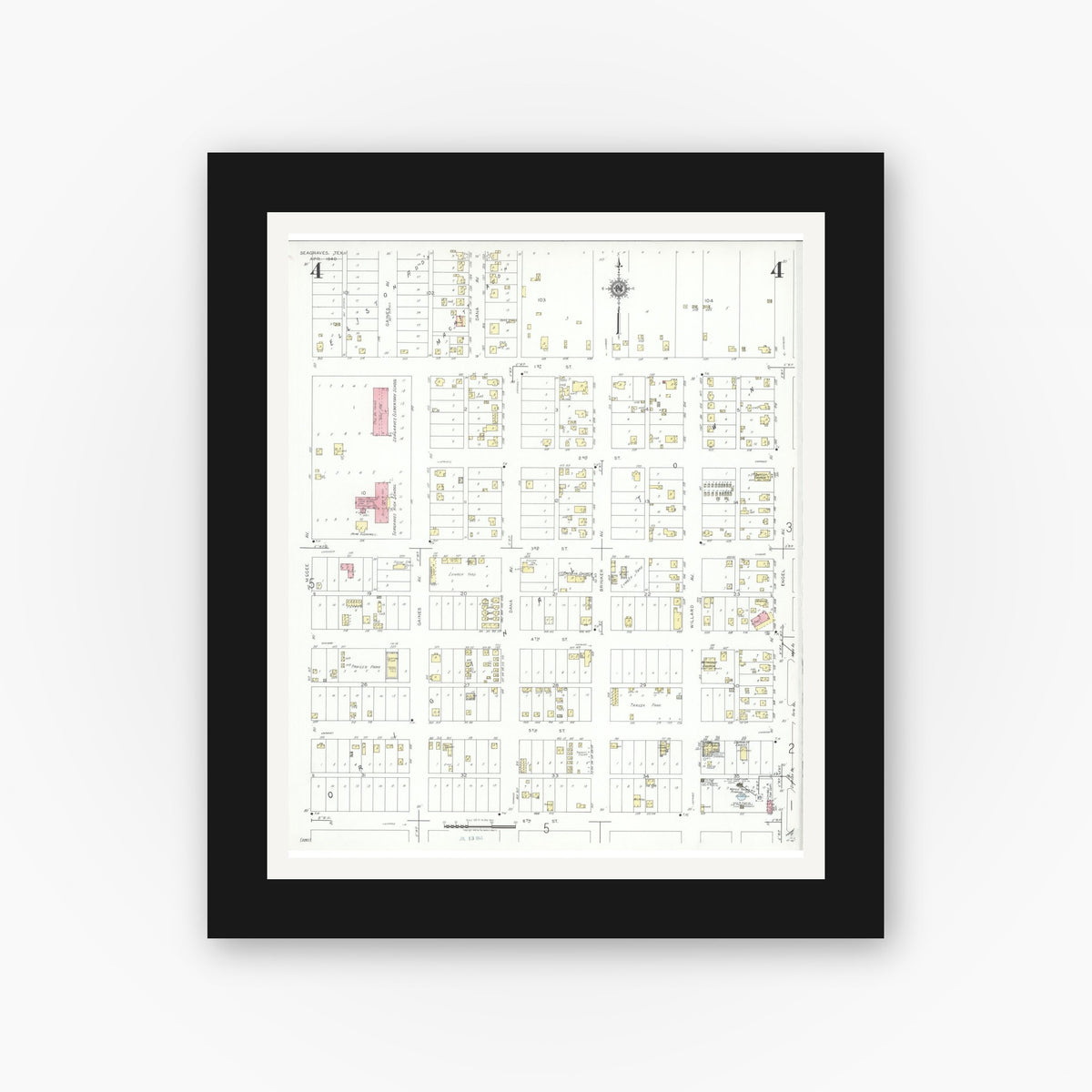 Old map wall art mockup — black gallery frame with white mat — Sanborn Fire Insurance Map from Seagraves, Gaines County, Texas (1940), Sheet #0004