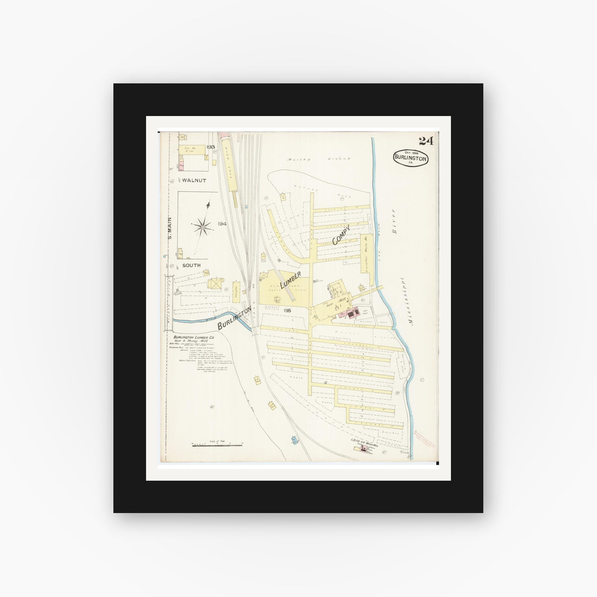 Old map wall art mockup — black gallery frame with white mat — Sanborn Fire Insurance Map from Burlington, Des Moines County, Iowa (1888), Sheet #0024