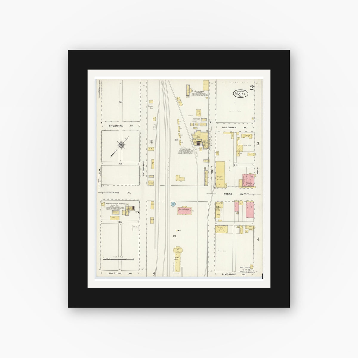 Old map wall art mockup — black gallery frame with white mat — Sanborn Fire Insurance Map from Mart, McLennan County, Texas (1915), Sheet #0002