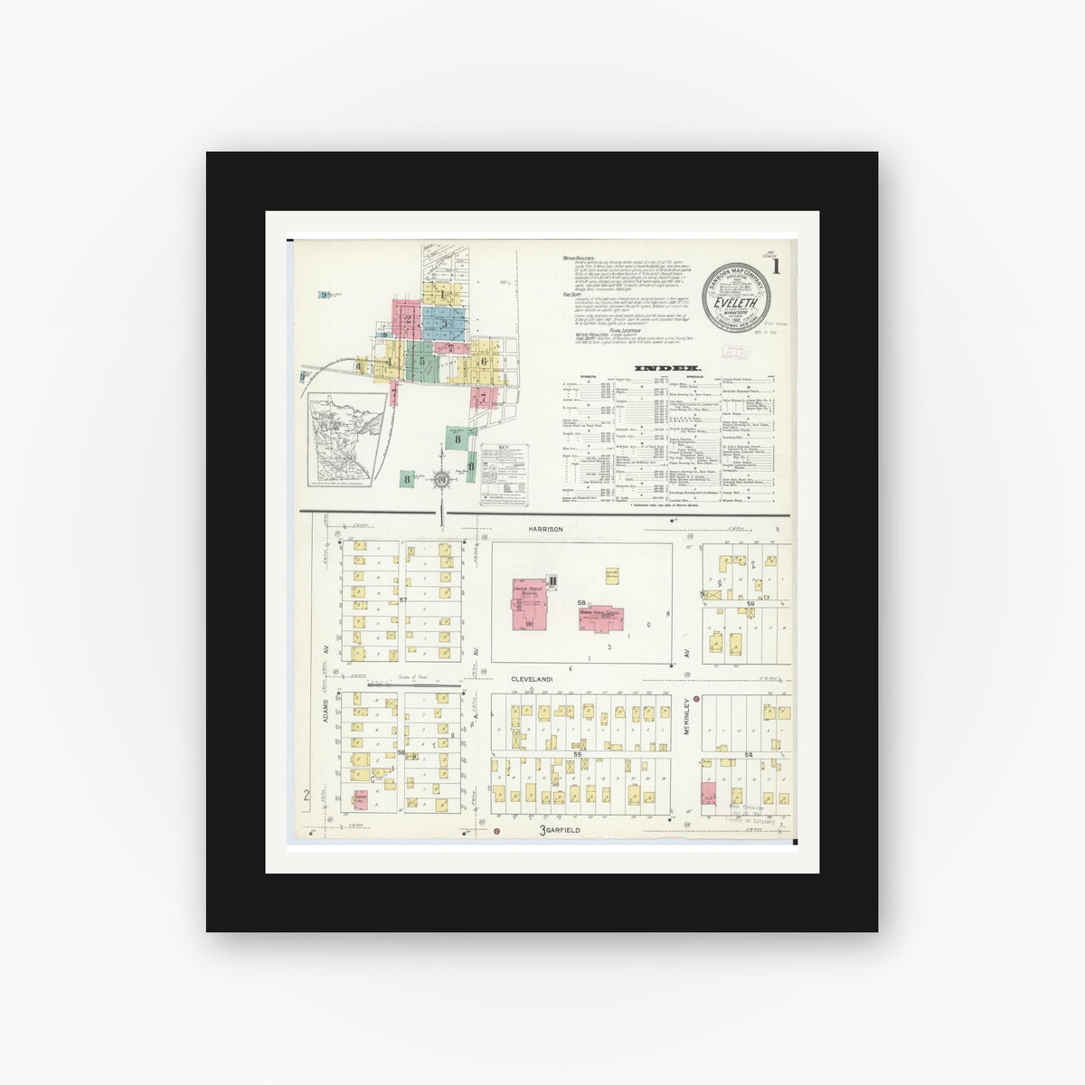 Old map wall art mockup — black gallery frame with white mat — Sanborn Fire Insurance Map from Eveleth, Saint Louis County, Minnesota (1912), Sheet #0001