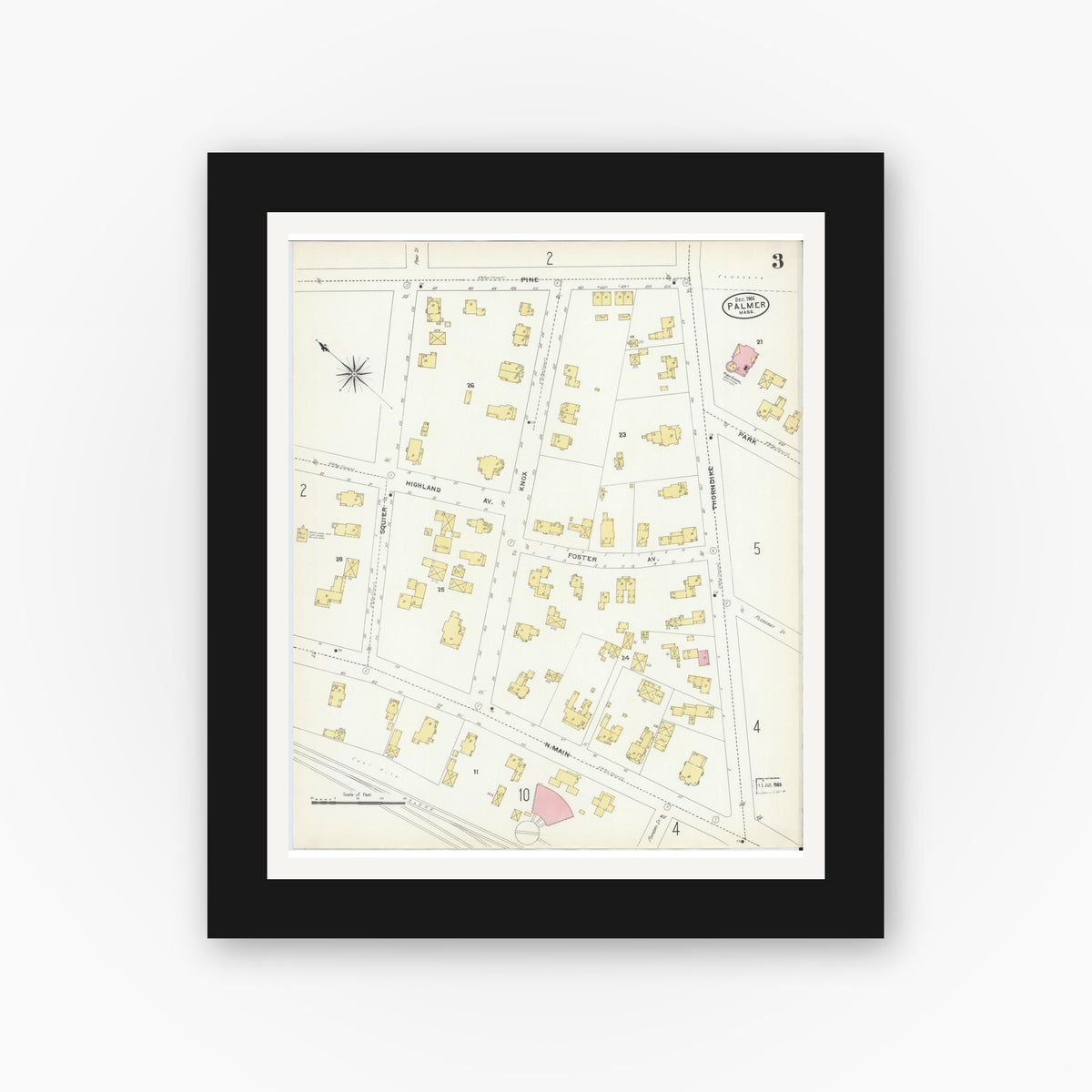 Old map wall art mockup — black gallery frame with white mat — Sanborn Fire Insurance Map from Palmer, Hampden County, Massachusetts (1906), Sheet #0003