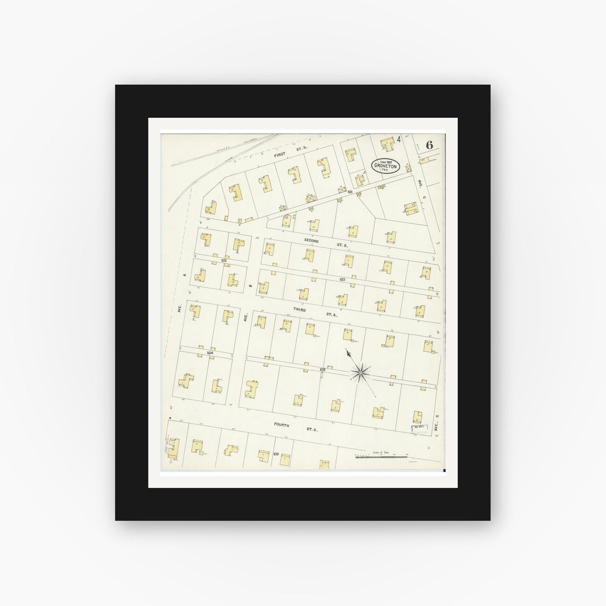 Old map wall art mockup — black gallery frame with white mat — Sanborn Fire Insurance Map from Groveton, Trinity County, Texas (1907), Sheet #0006