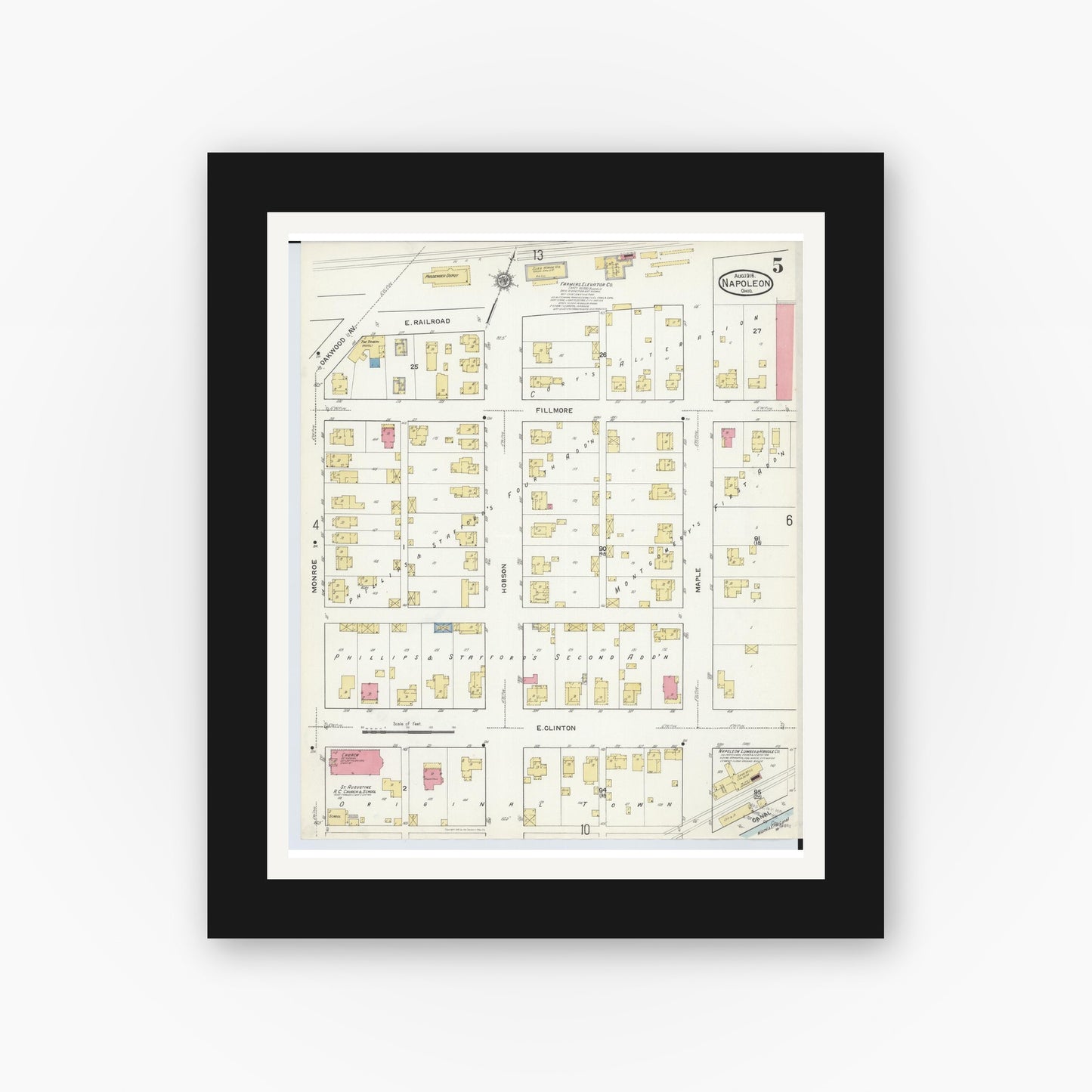 Old map wall art mockup — black gallery frame with white mat — Sanborn Fire Insurance Map from Napoleon, Henry County, Ohio (1916), Sheet #0005