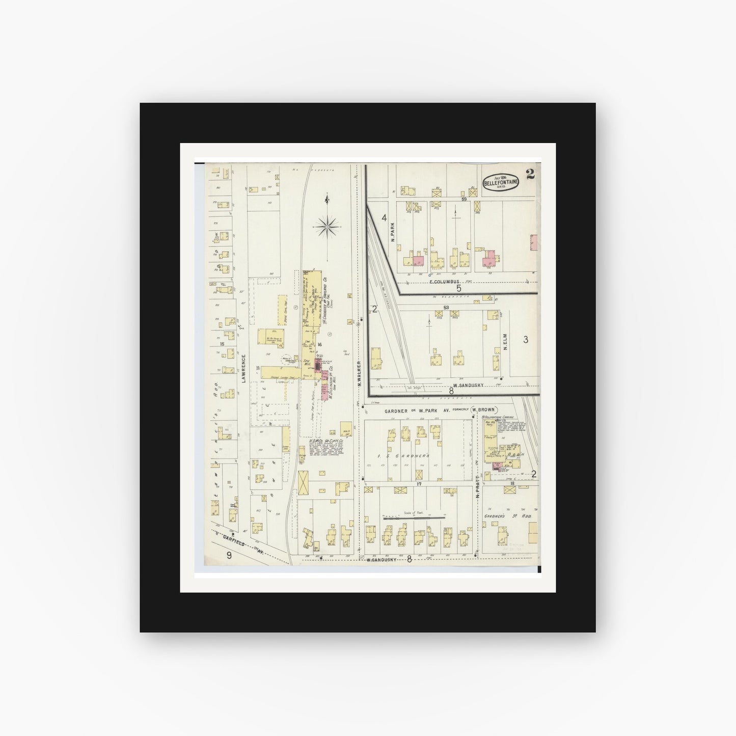 Old map wall art mockup — black gallery frame with white mat — Sanborn Fire Insurance Map from Bellefontaine, Logan County, Ohio (1896), Sheet #0002