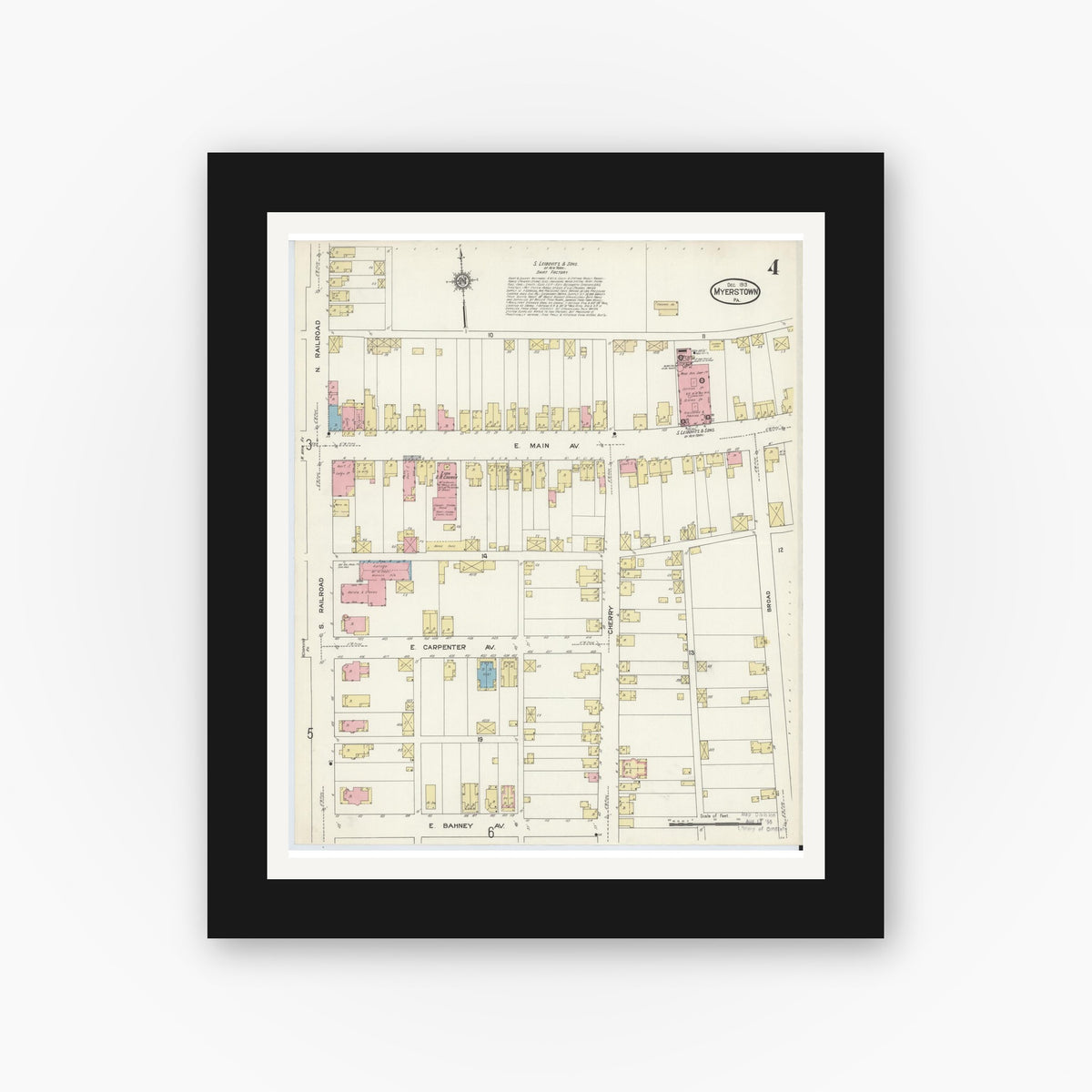 Old map wall art mockup — black gallery frame with white mat — Sanborn Fire Insurance Map from Myerstown, Lebanon County, Pennsylvania (1913), Sheet #0004