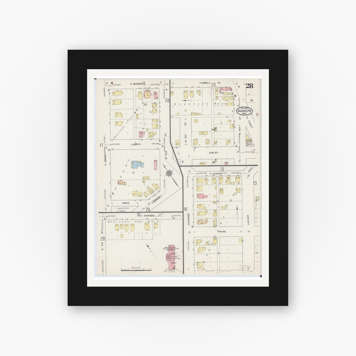 Old map wall art mockup — black gallery frame with white mat — Sanborn Fire Insurance Map from Mankato, Blue Earth County, Minnesota (1914), Sheet #0028