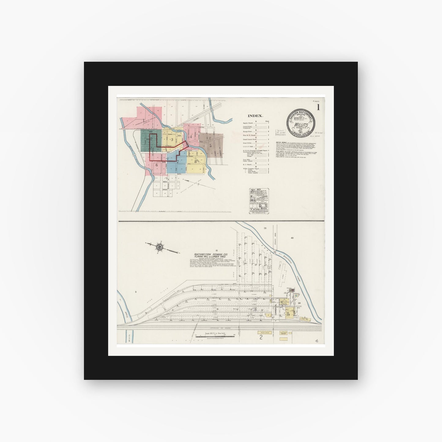 Old map wall art mockup — black gallery frame with white mat — Sanborn Fire Insurance Map from Willits, Mendocino County, California (1917) - Complete Map Set