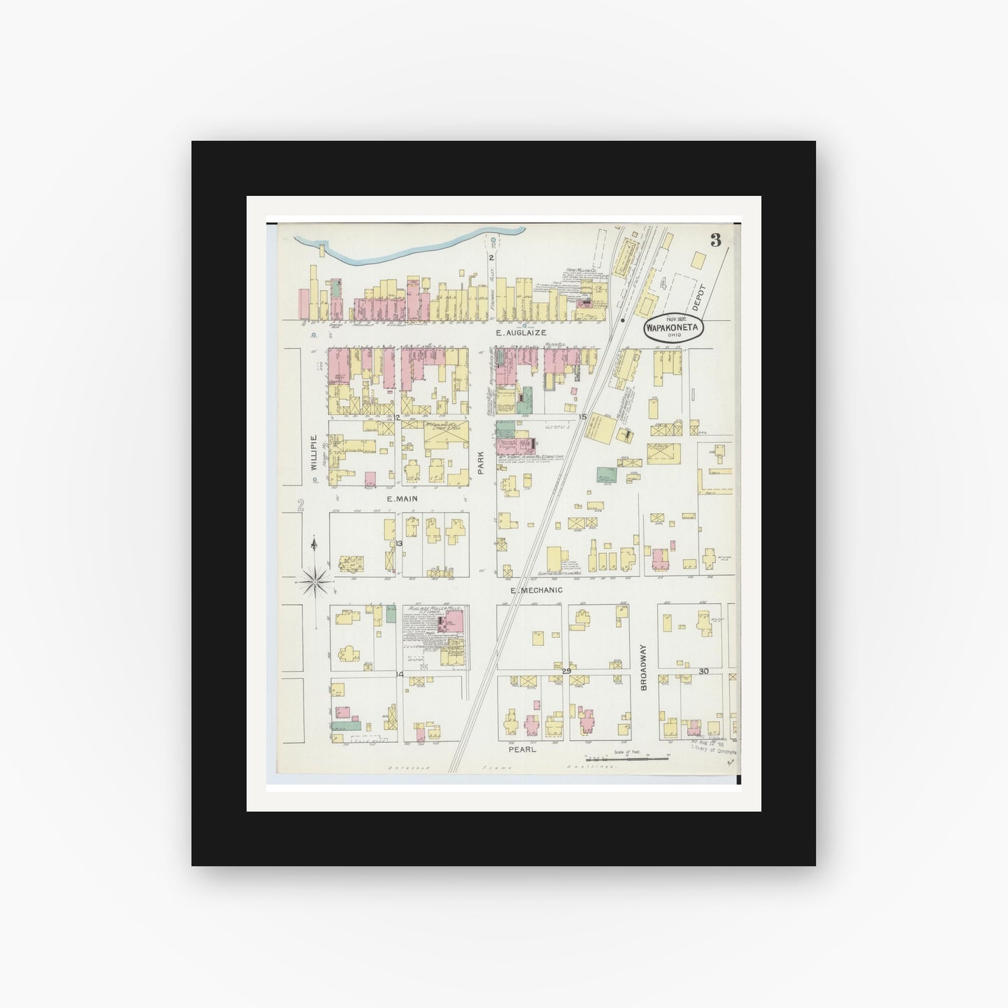 Old map wall art mockup — black gallery frame with white mat — Sanborn Fire Insurance Map from Wapakoneta, Auglaize County, Ohio (1892), Sheet #0003