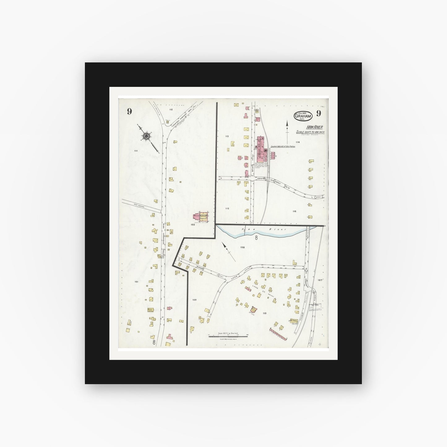 Old map wall art mockup — black gallery frame with white mat — Sanborn Fire Insurance Map from Graham, Alamance County, North Carolina (1924), Sheet #0009